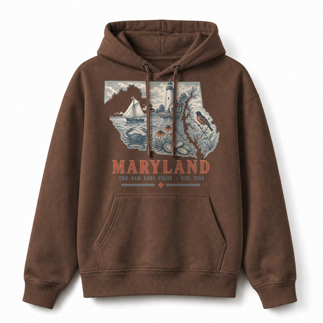 Vintage Maryland State Graphic Pullover Hoodie in Coffee Brown, front view on a white background
