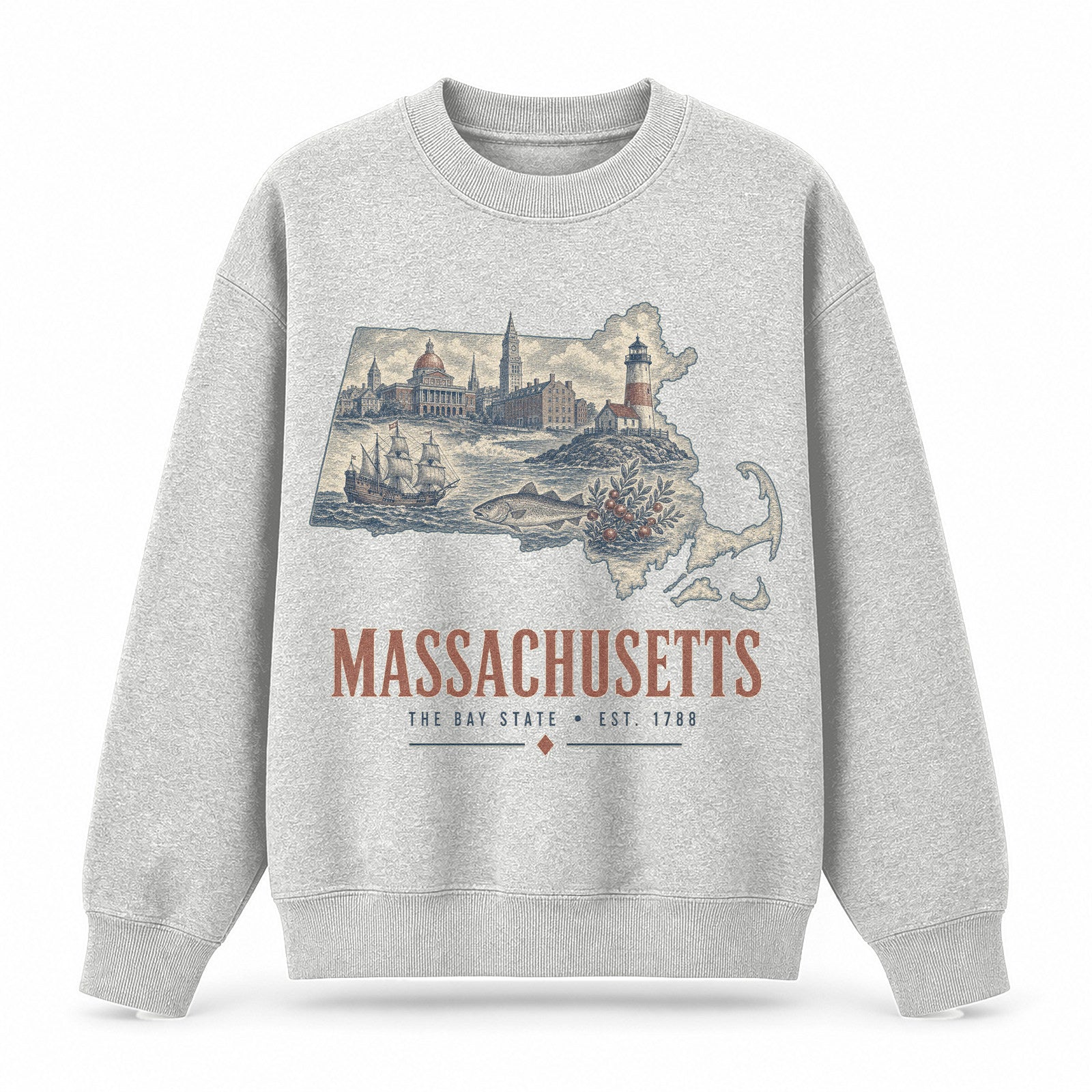 Vintage Massachusetts State Graphic Crewneck Sweatshirt in Light Gray, front view on a white background