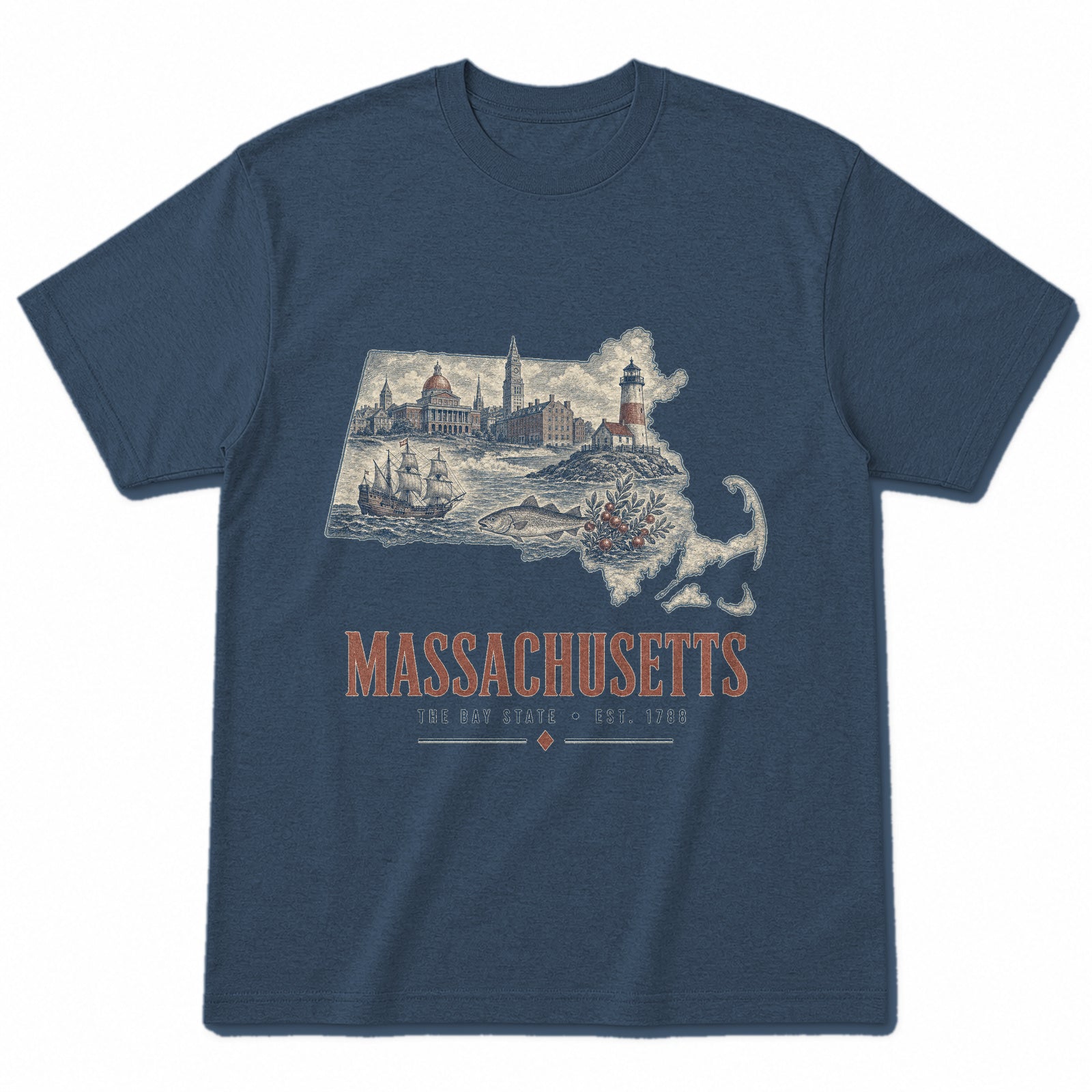 Vintage Massachusetts State Graphic T-Shirt in Washed Navy, front view on a white background