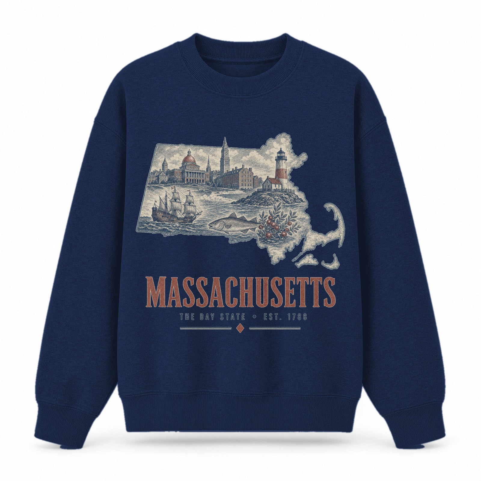 Vintage Massachusetts State Graphic Crewneck Sweatshirt in Navy, front view on a white background