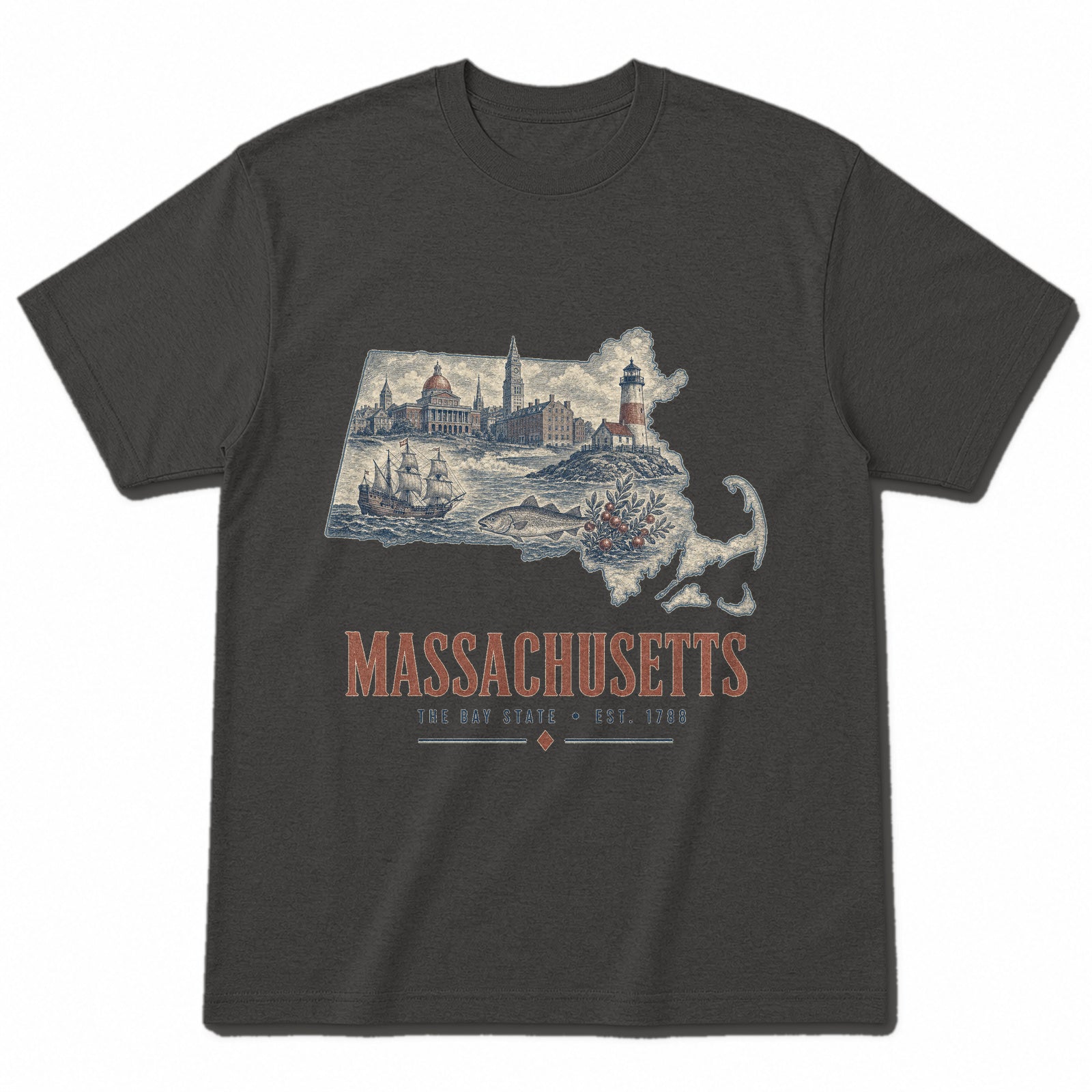 Vintage Massachusetts State Graphic T-Shirt in Vintage Charcoal, front view on a white background