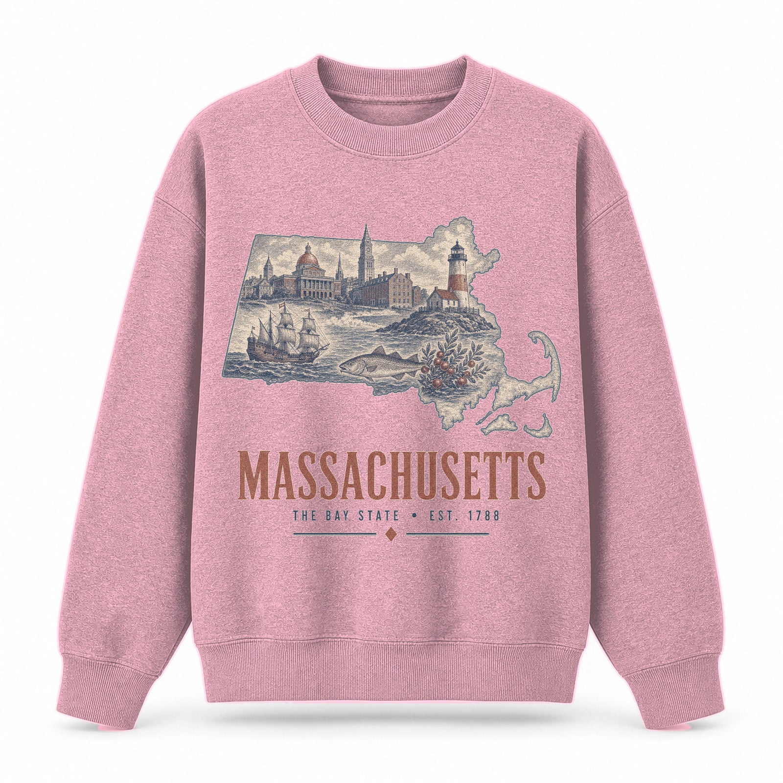 Vintage Massachusetts State Graphic Crewneck Sweatshirt in Pink, front view on a white background