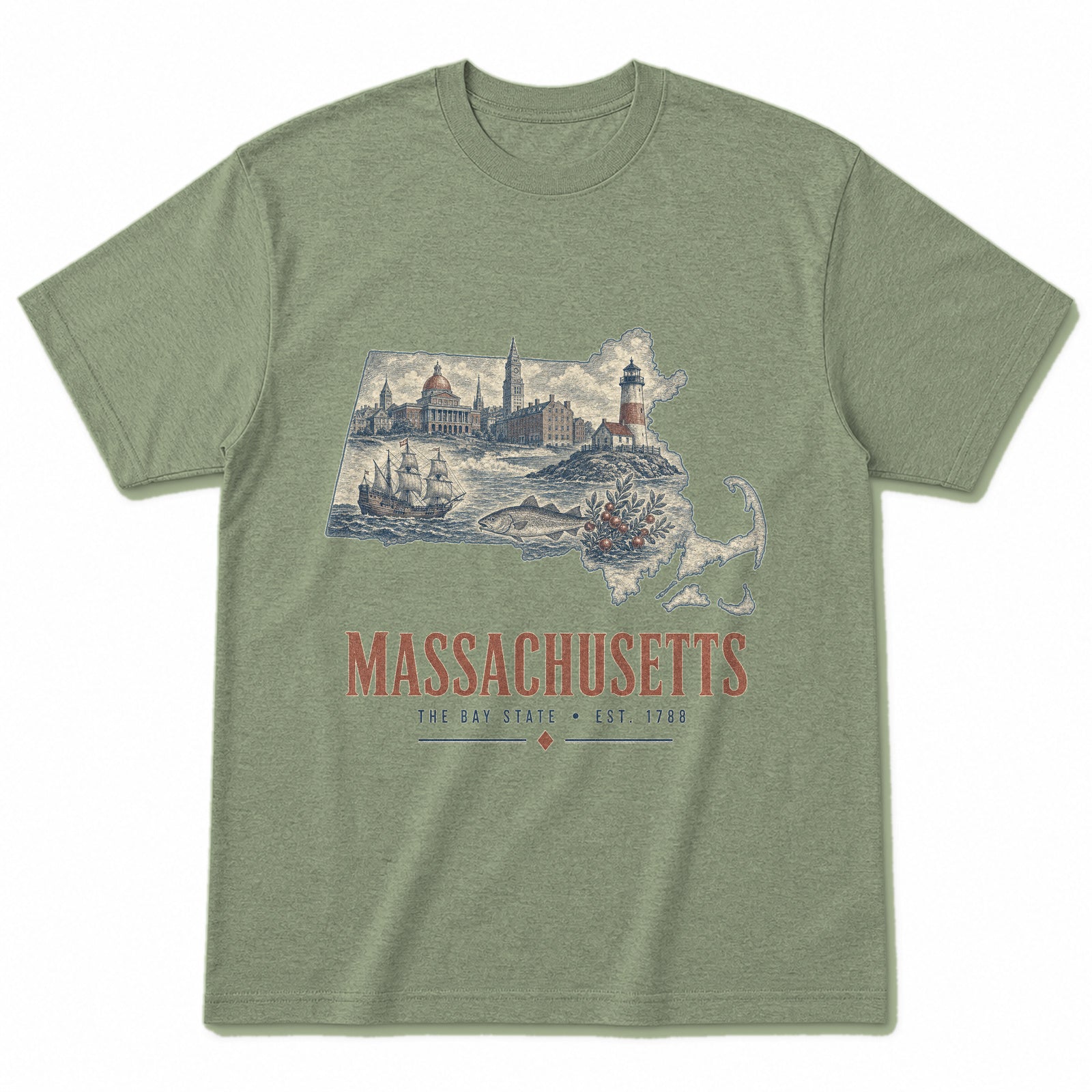Vintage Massachusetts State Graphic T-Shirt in Light Sage Green, front view on a white background