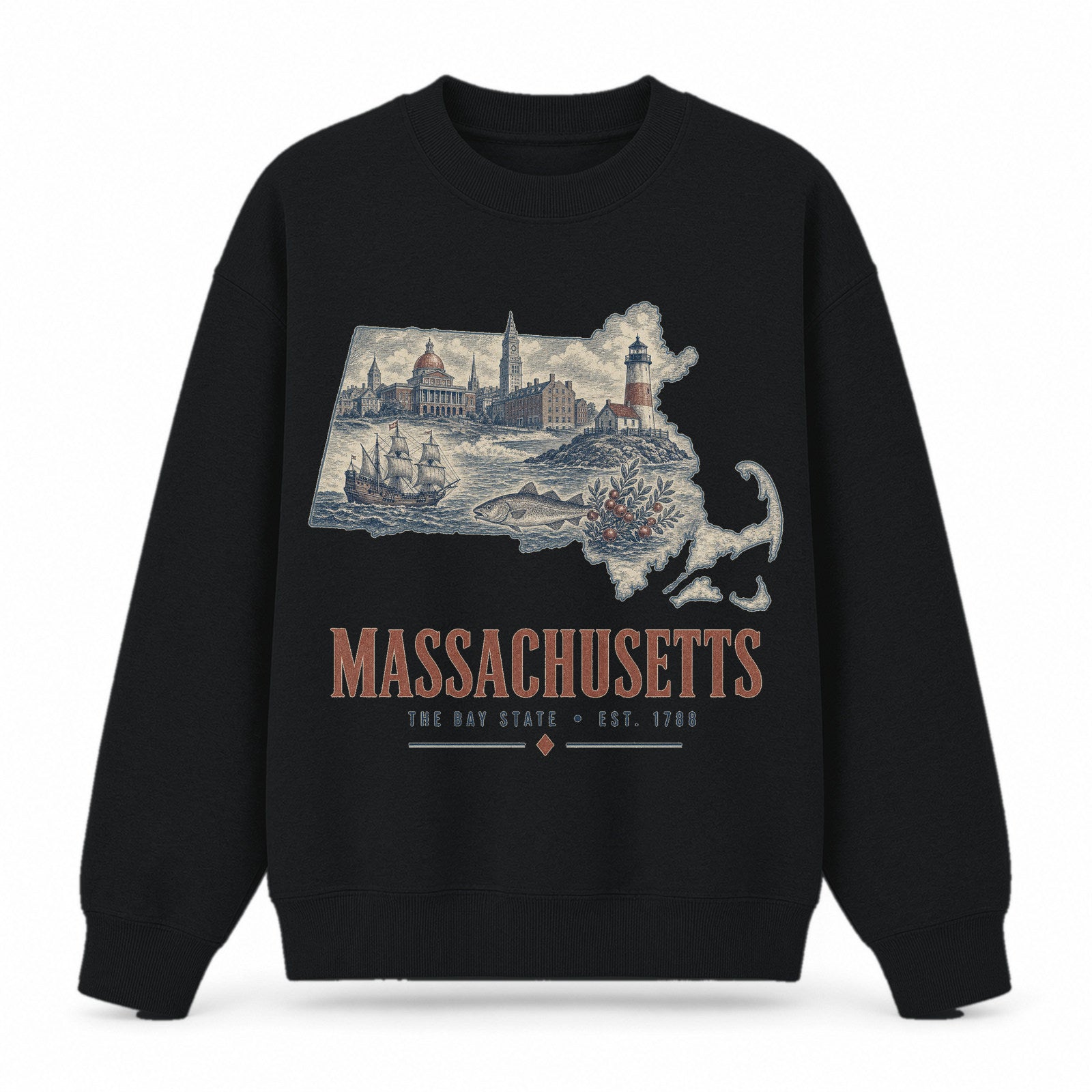 Vintage Massachusetts State Graphic Crewneck Sweatshirt in Black, front view on a white background