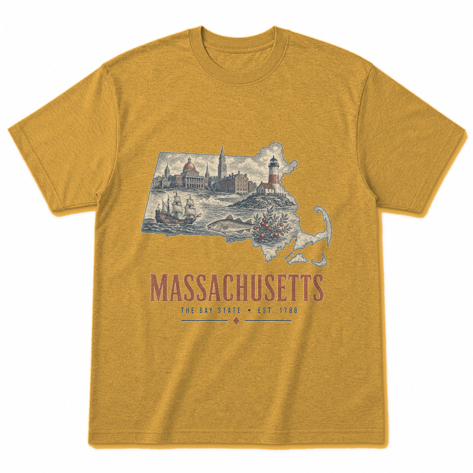 Vintage Massachusetts State Graphic T-Shirt in Vintage Mustard Yellow, front view on a white background