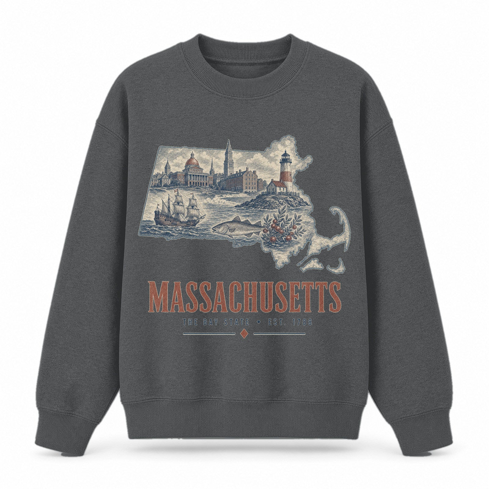 Vintage Massachusetts State Graphic Crewneck Sweatshirt in Dark Gray, front view on a white background