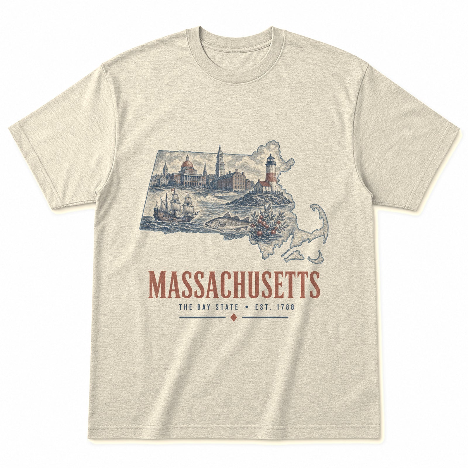 Vintage Massachusetts State Graphic T-Shirt in Natural Cream, front view on a white background