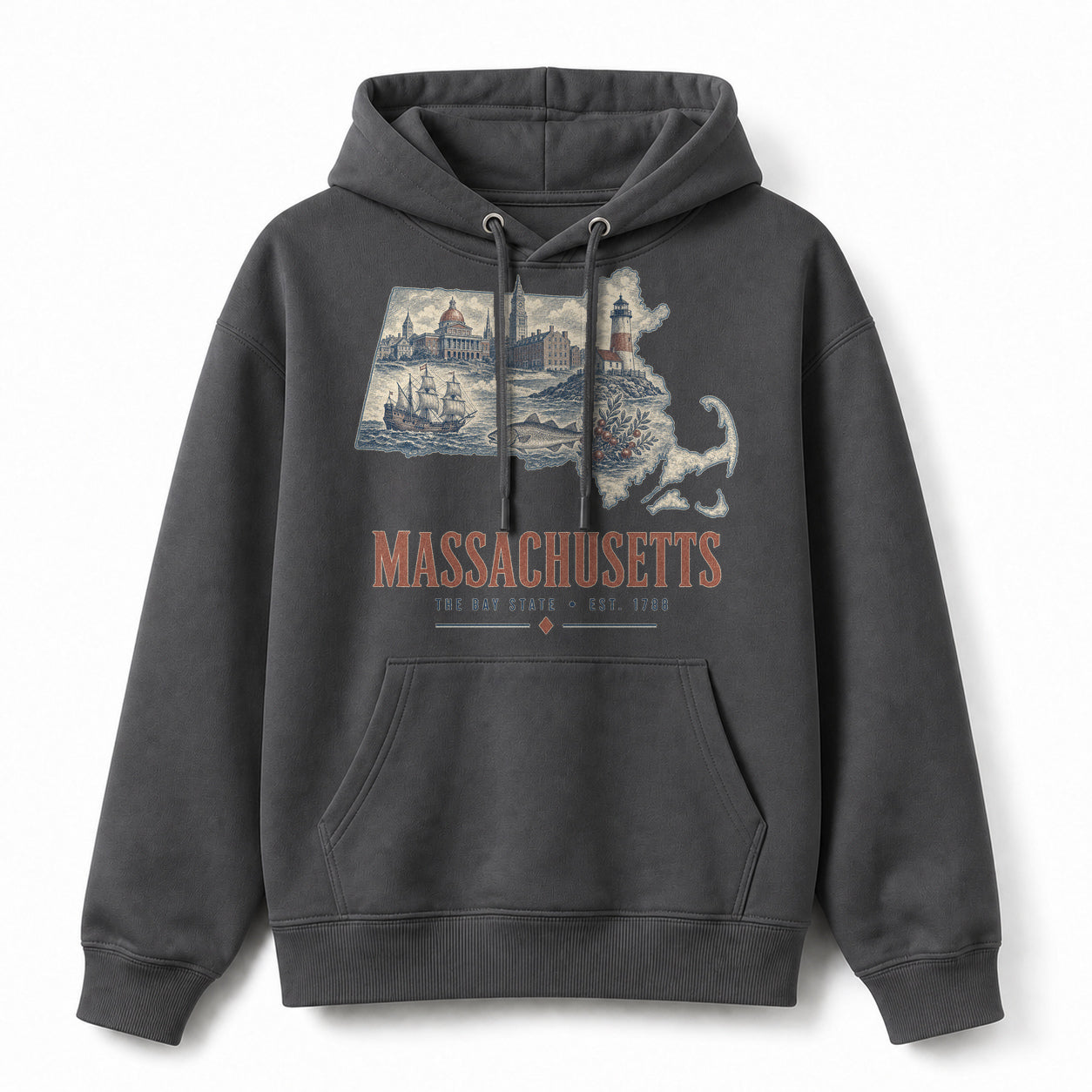 Vintage Massachusetts State Graphic Pullover Hoodie in Dark Gray, front view on a white background