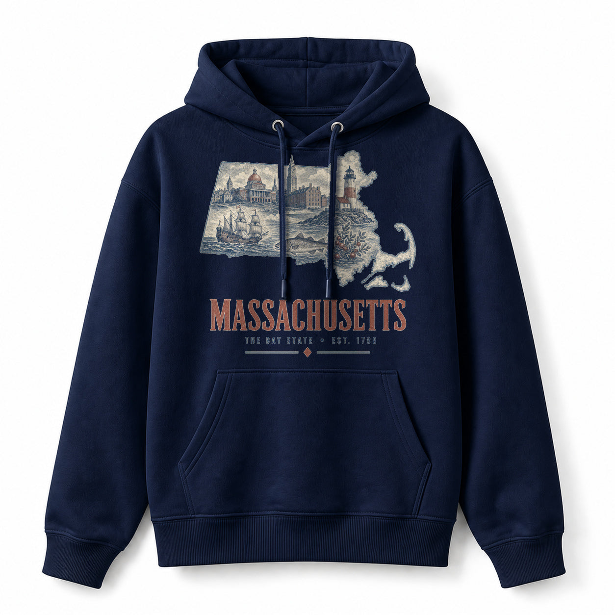 Vintage Massachusetts State Graphic Pullover Hoodie in Navy, front view on a white background