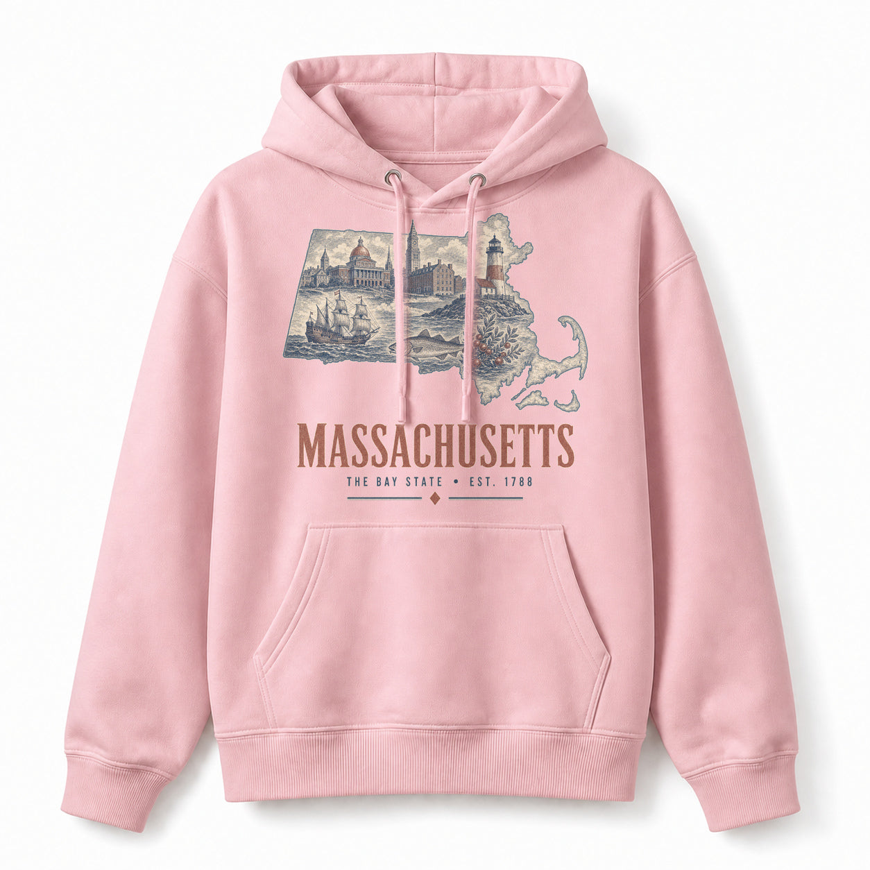 Vintage Massachusetts State Graphic Pullover Hoodie in Light Pink, front view on a white background