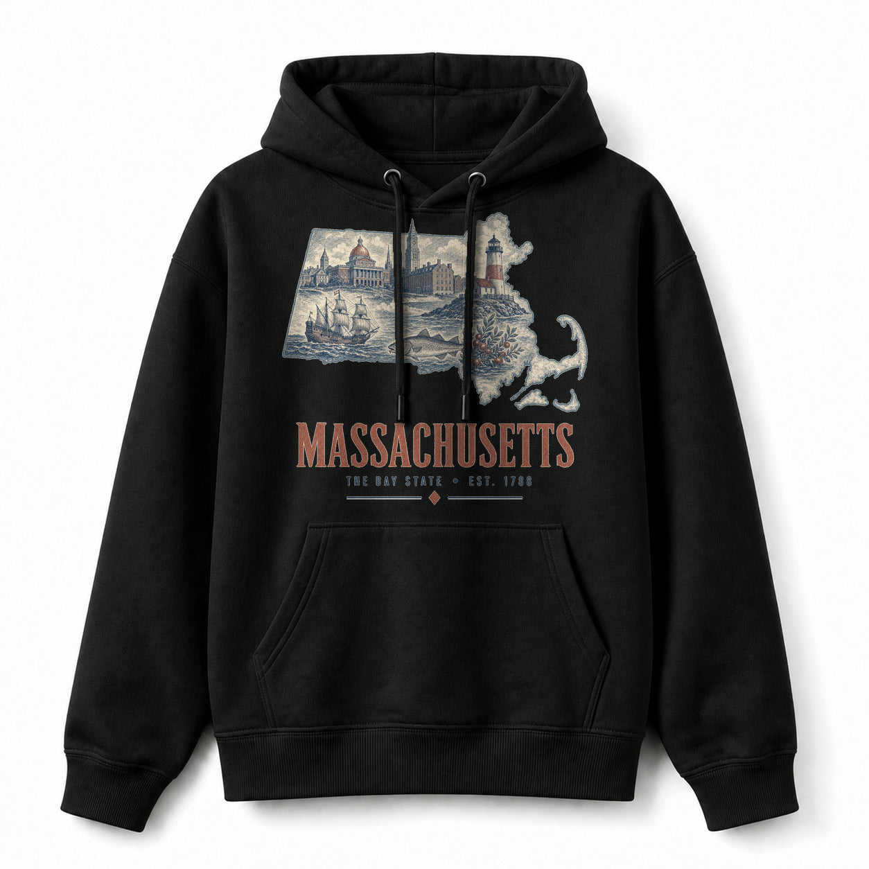 Vintage Massachusetts State Graphic Pullover Hoodie in Black, front view on a white background