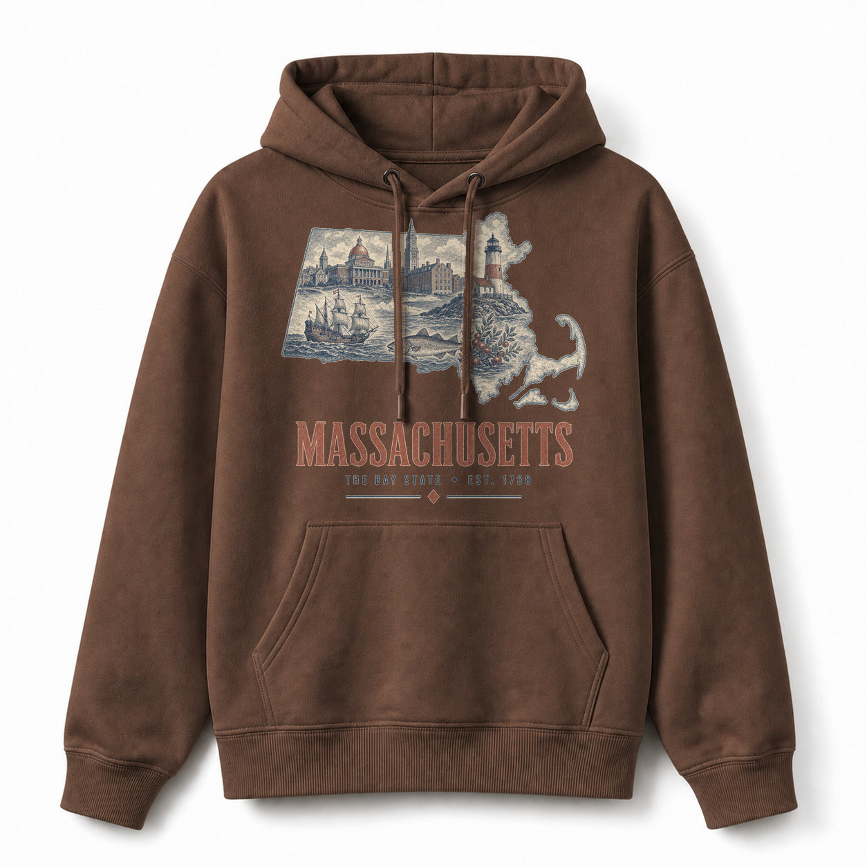 Vintage Massachusetts State Graphic Pullover Hoodie in Coffee Brown, front view on a white background