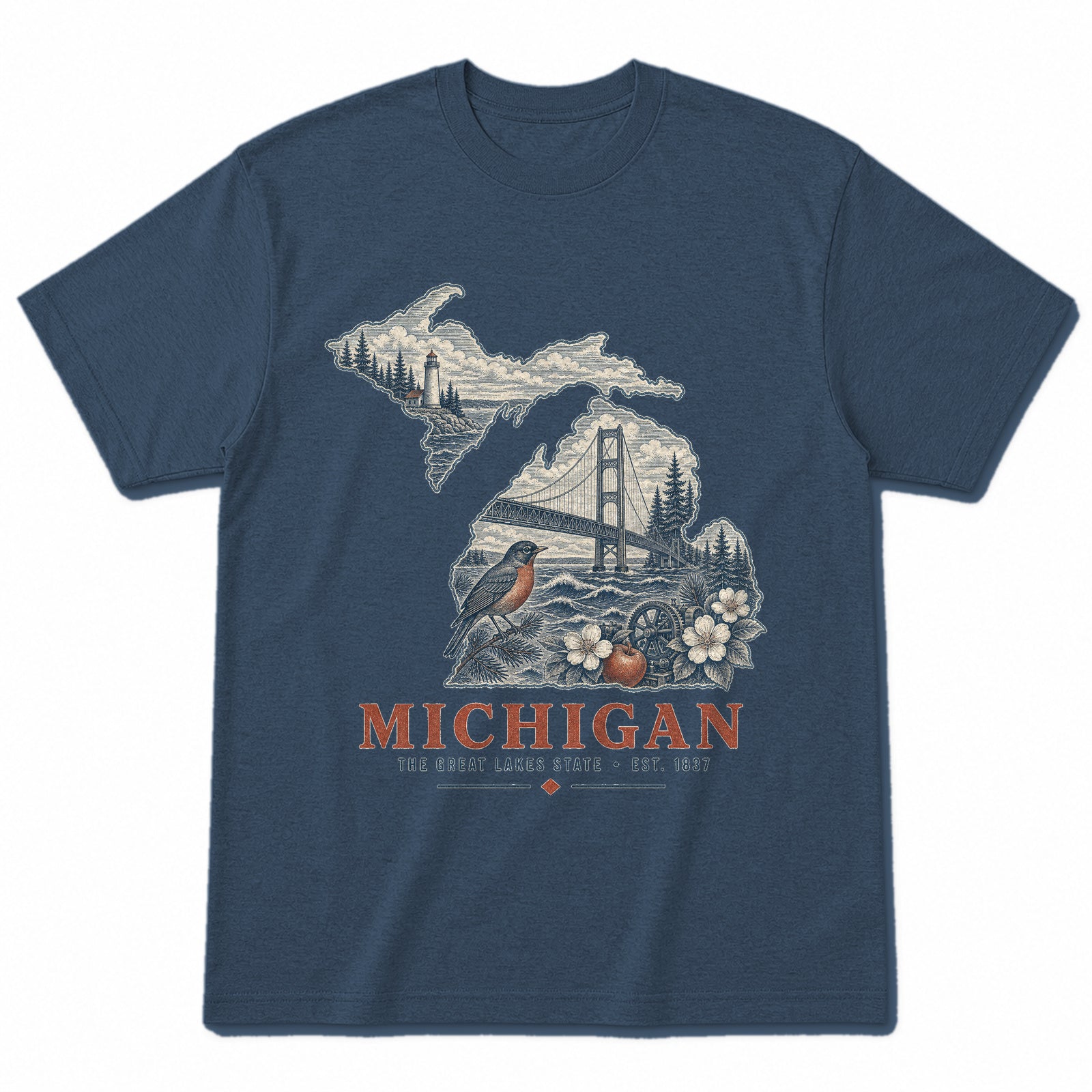 Vintage Michigan State Graphic T-Shirt in Washed Navy, front view on a white background
