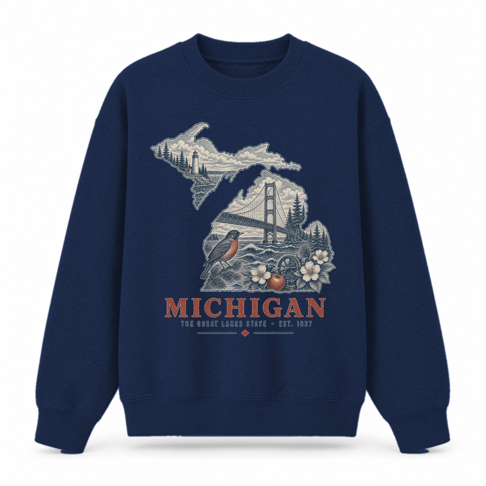 Vintage Michigan State Graphic Crewneck Sweatshirt in Navy, front view on a white background