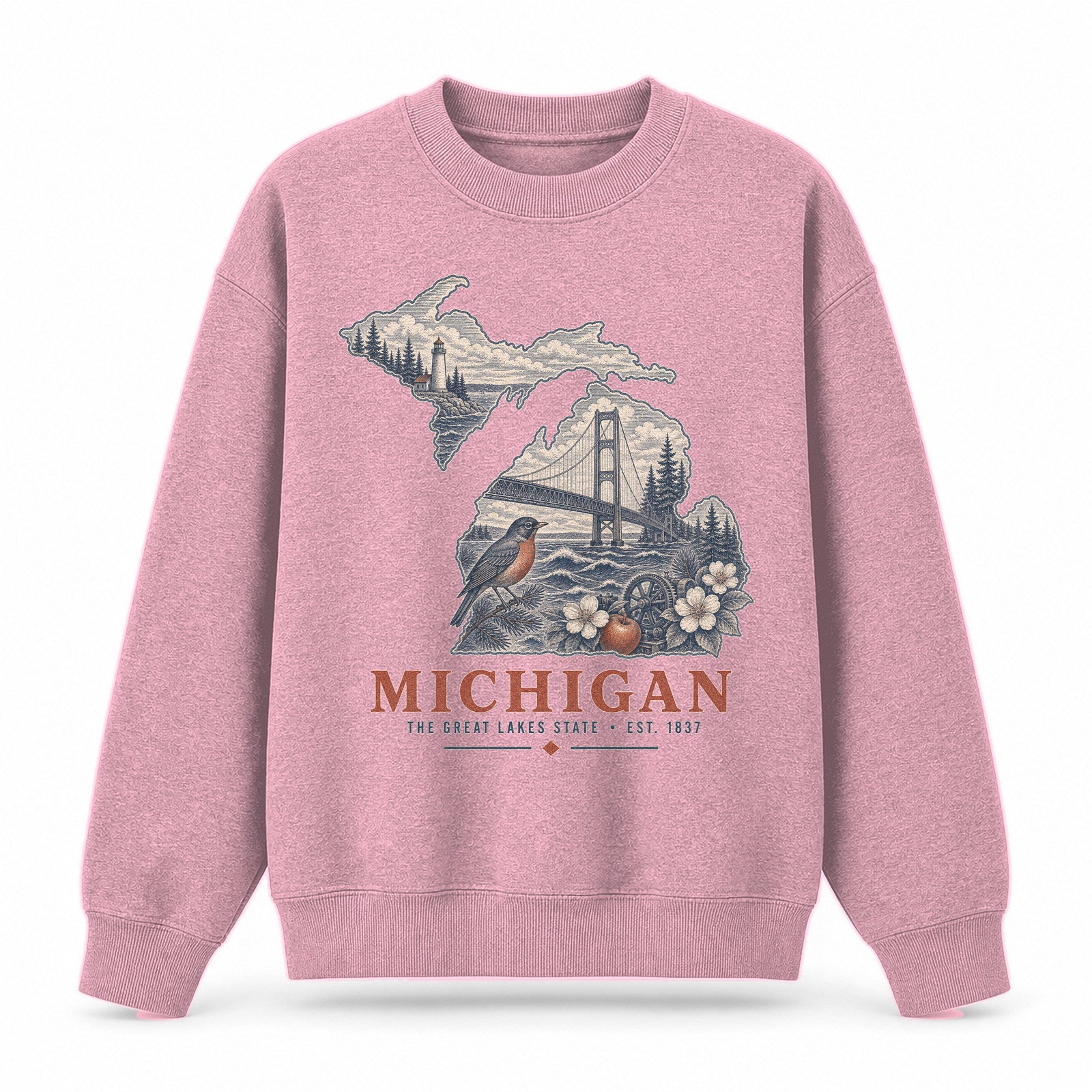 Vintage Michigan State Graphic Crewneck Sweatshirt in Pink, front view on a white background