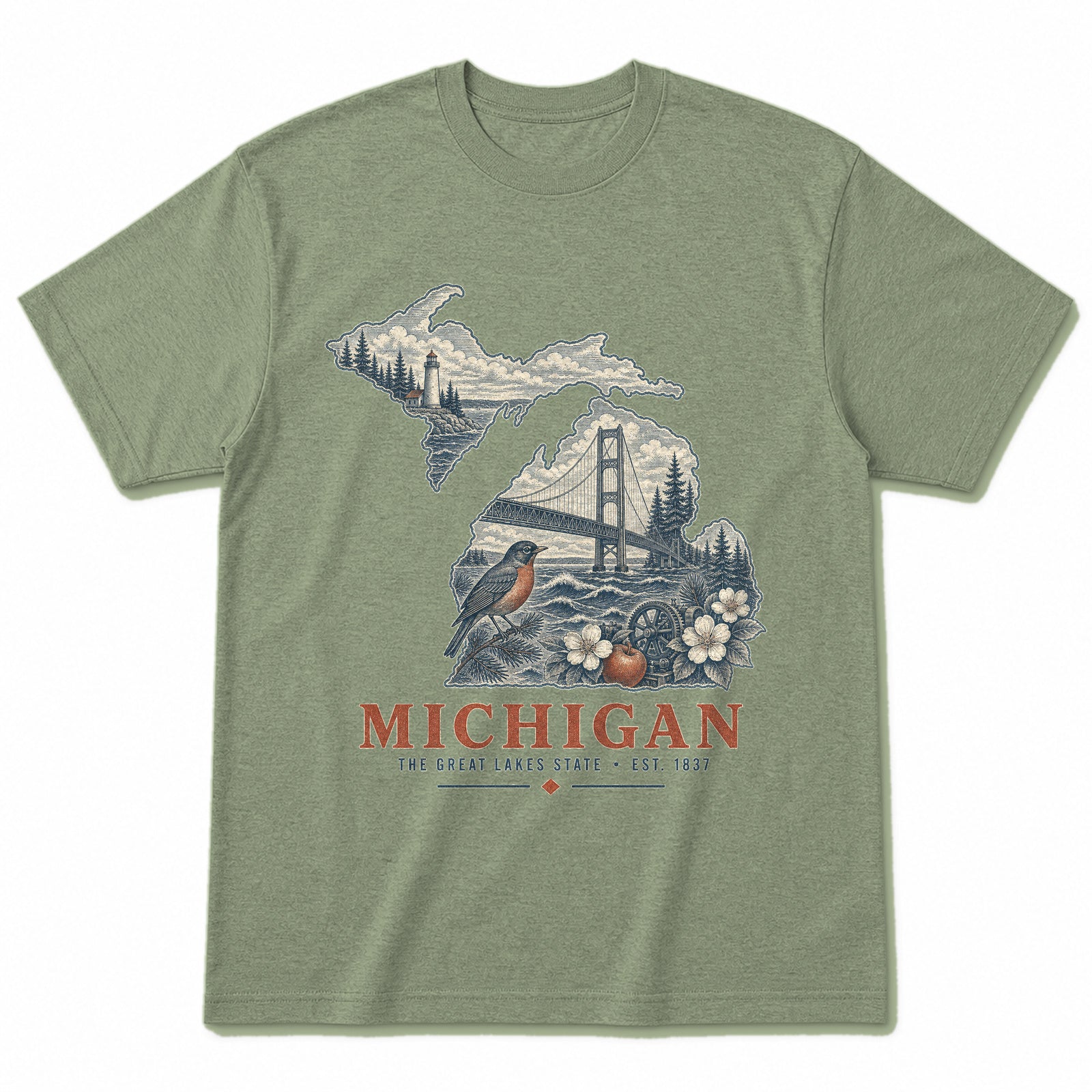 Vintage Michigan State Graphic T-Shirt in Light Sage Green, front view on a white background
