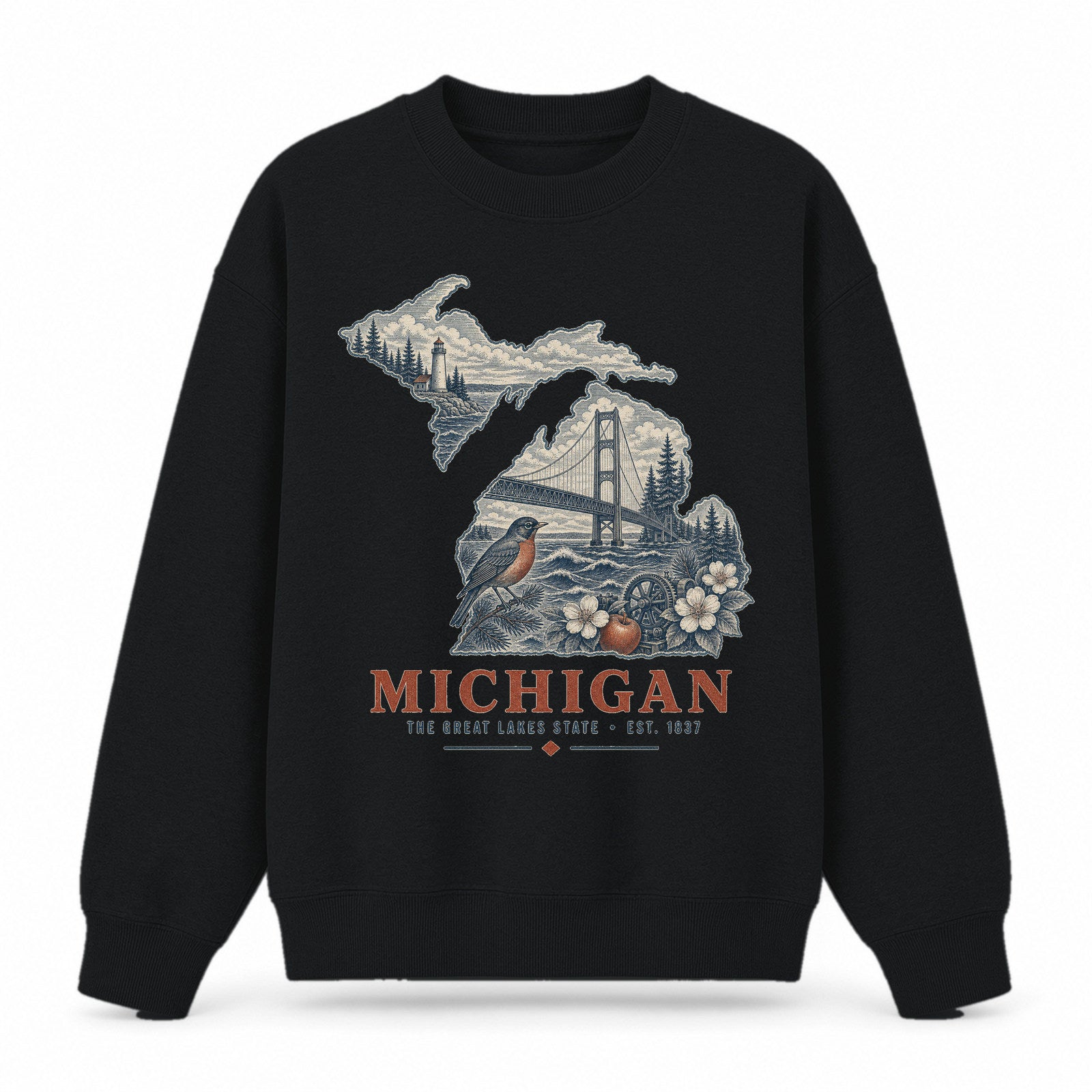 Vintage Michigan State Graphic Crewneck Sweatshirt in Black, front view on a white background