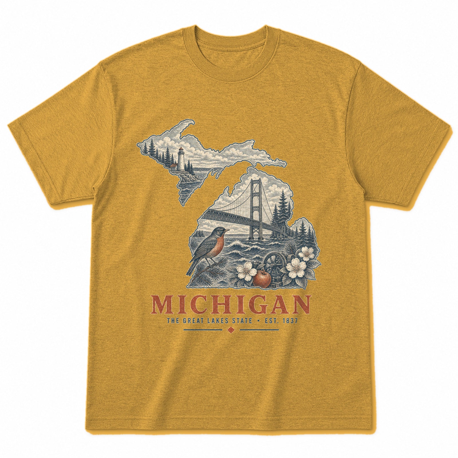 Vintage Michigan State Graphic T-Shirt in Vintage Mustard Yellow, front view on a white background