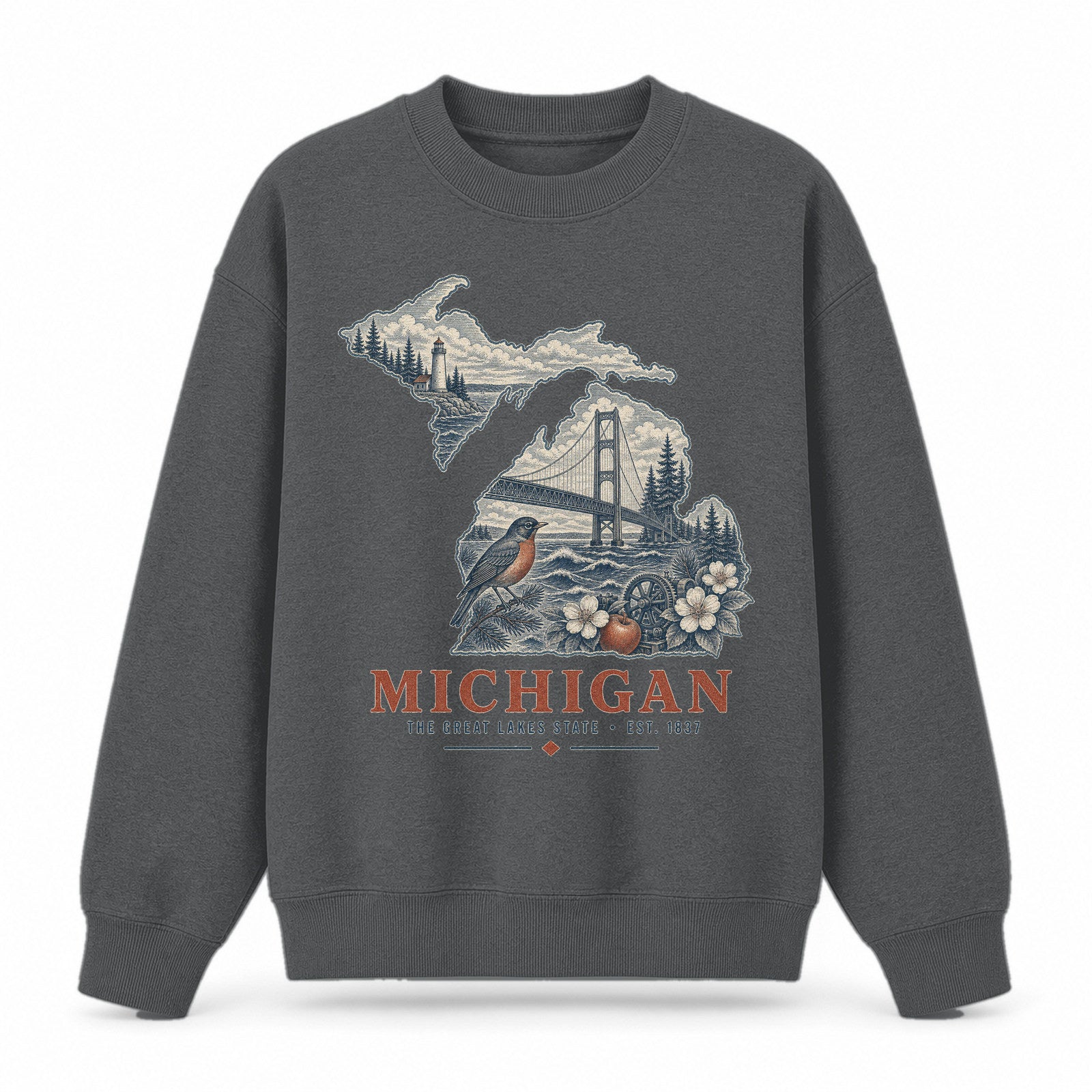 Vintage Michigan State Graphic Crewneck Sweatshirt in Dark Gray, front view on a white background