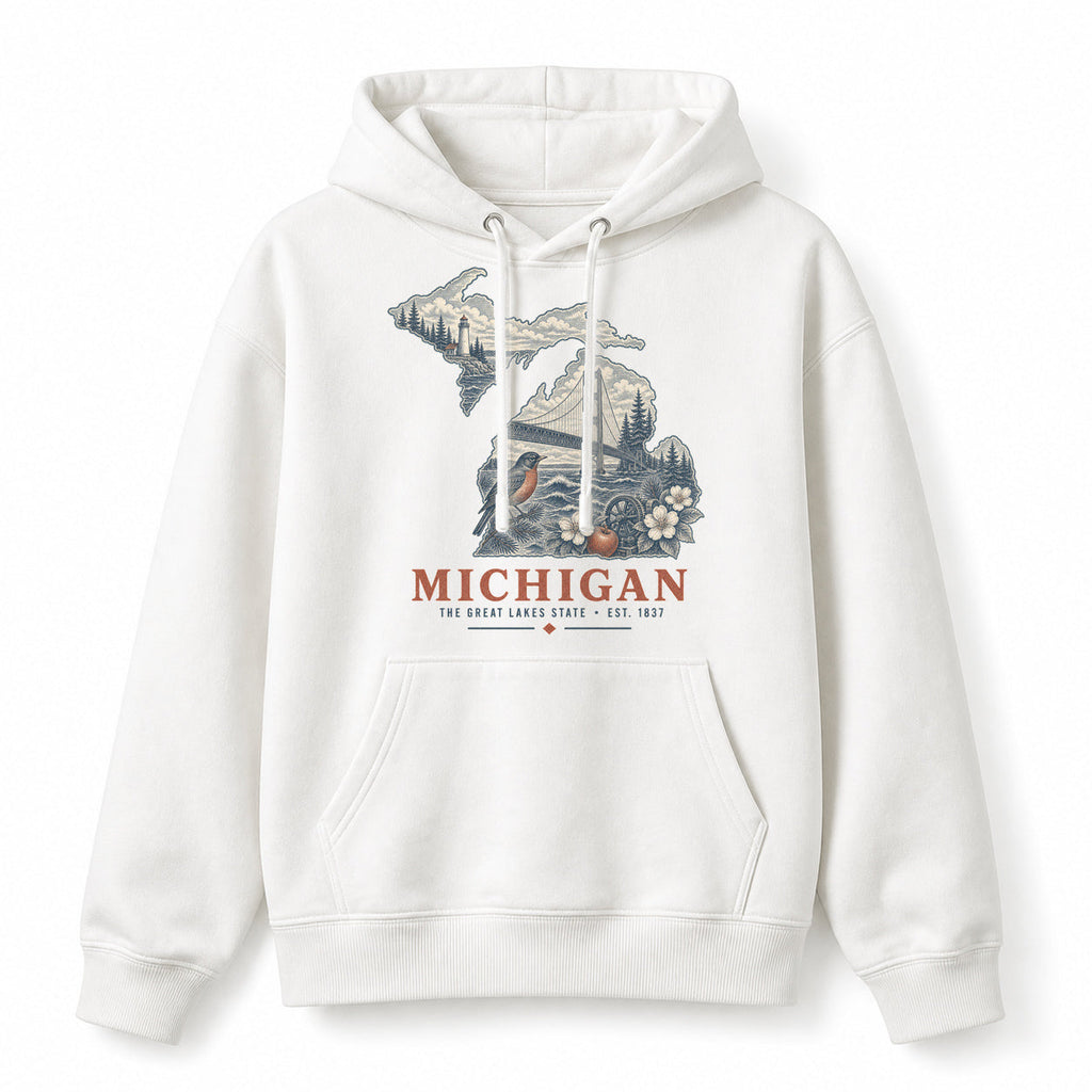 Vintage Michigan State Graphic Pullover Hoodie in White, front view on a white background