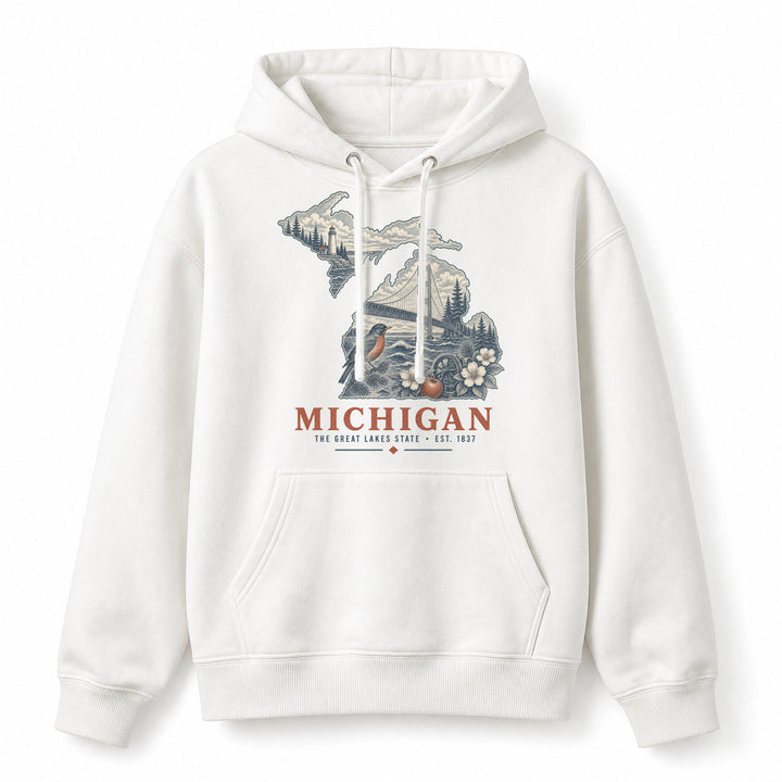 Vintage Michigan State Graphic Pullover Hoodie in White, front view on a white background