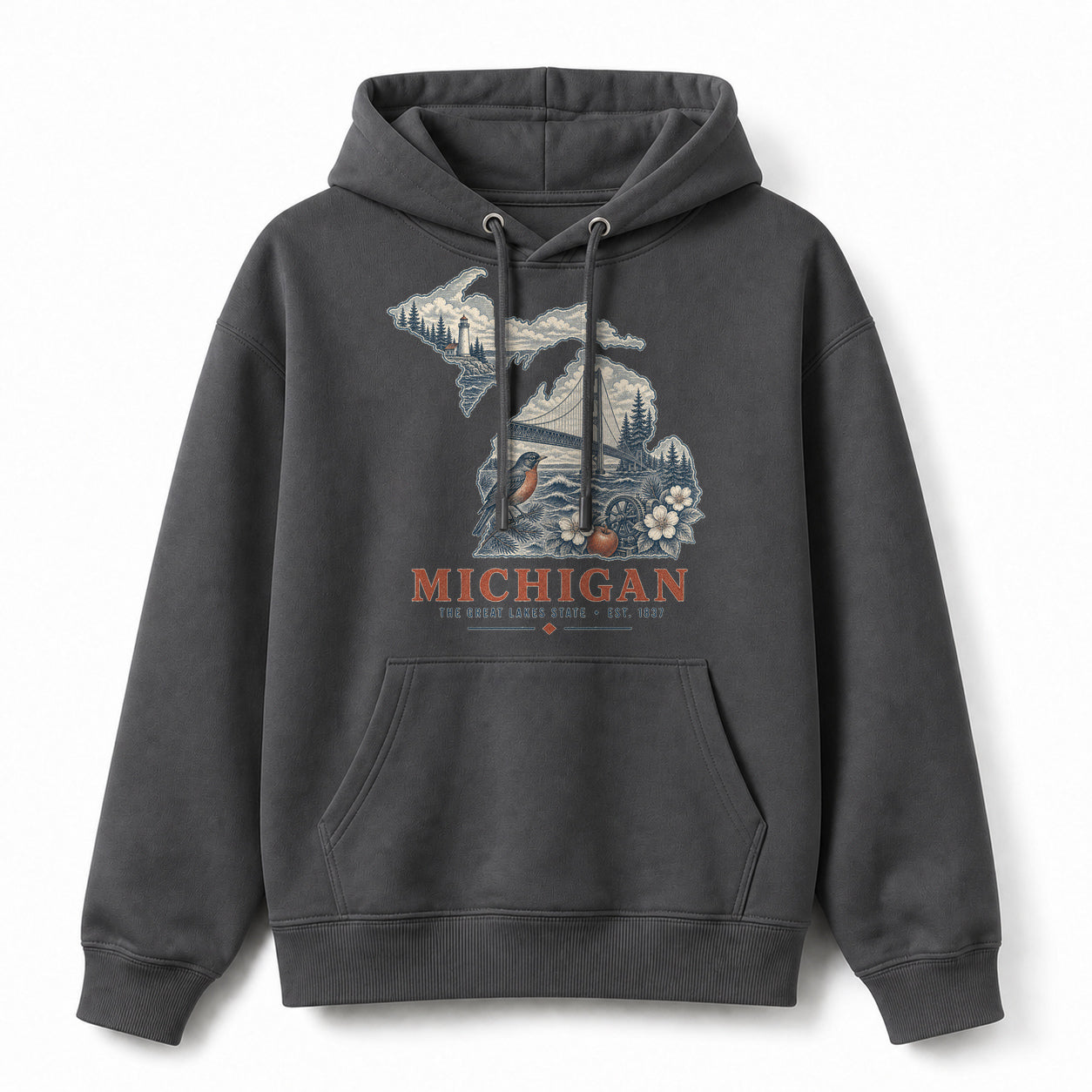 Vintage Michigan State Graphic Pullover Hoodie in Dark Gray, front view on a white background