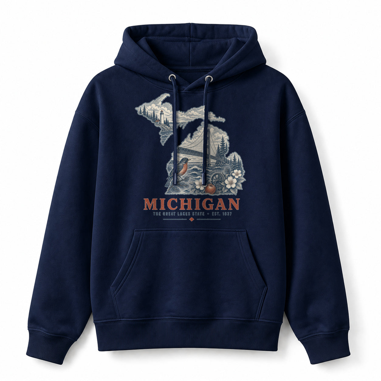 Vintage Michigan State Graphic Pullover Hoodie in Navy, front view on a white background