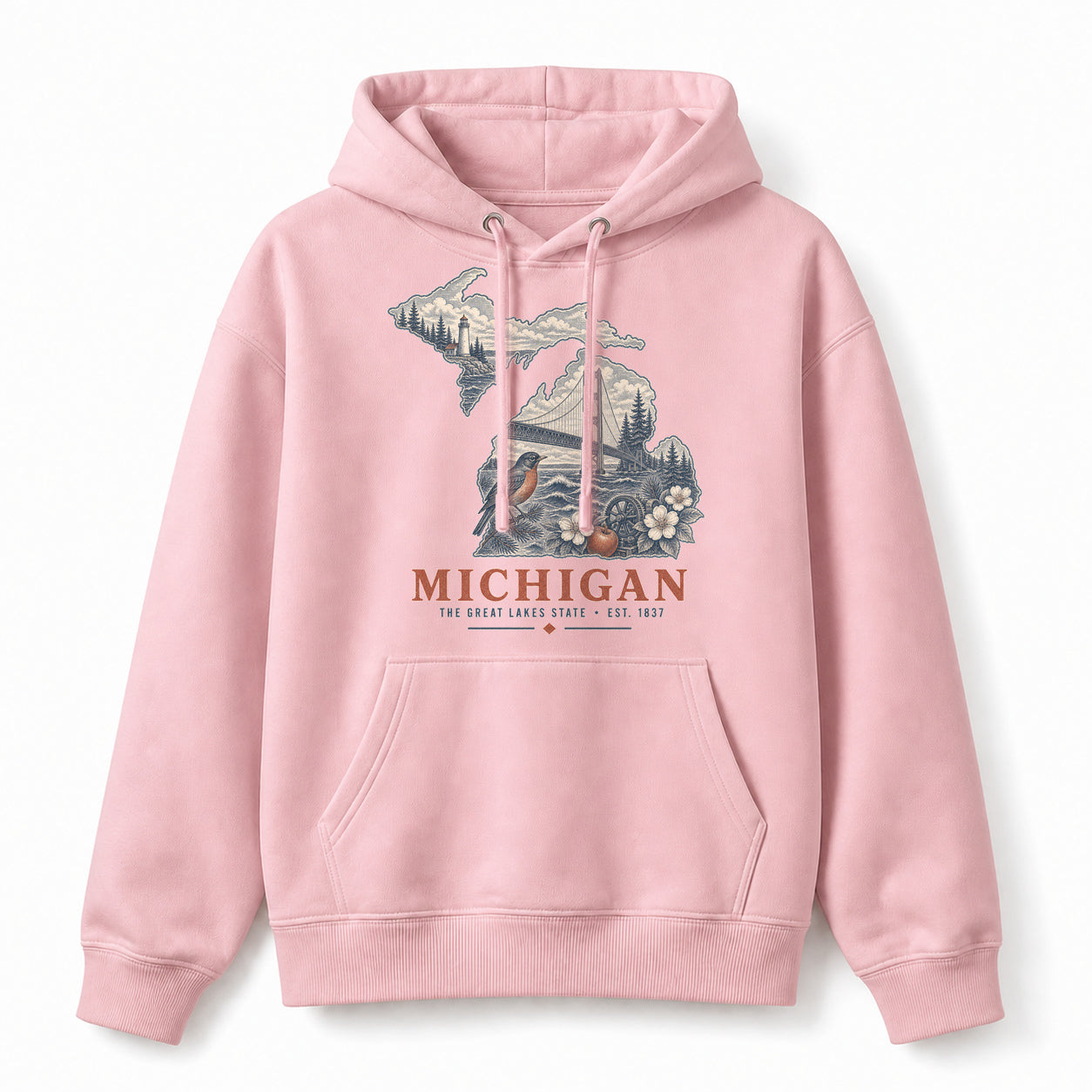Vintage Michigan State Graphic Pullover Hoodie in Light Pink, front view on a white background