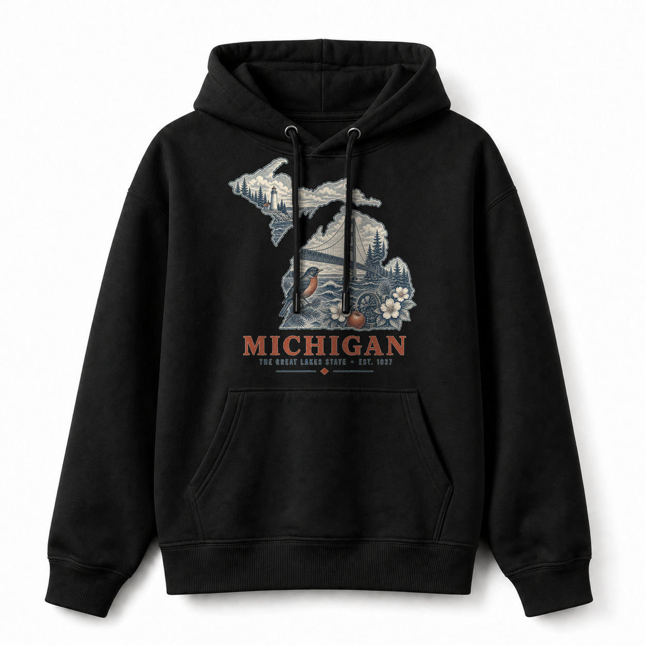 Vintage Michigan State Graphic Pullover Hoodie in Black, front view on a white background