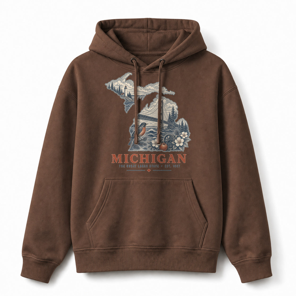 Vintage Michigan State Graphic Pullover Hoodie in Coffee Brown, front view on a white background