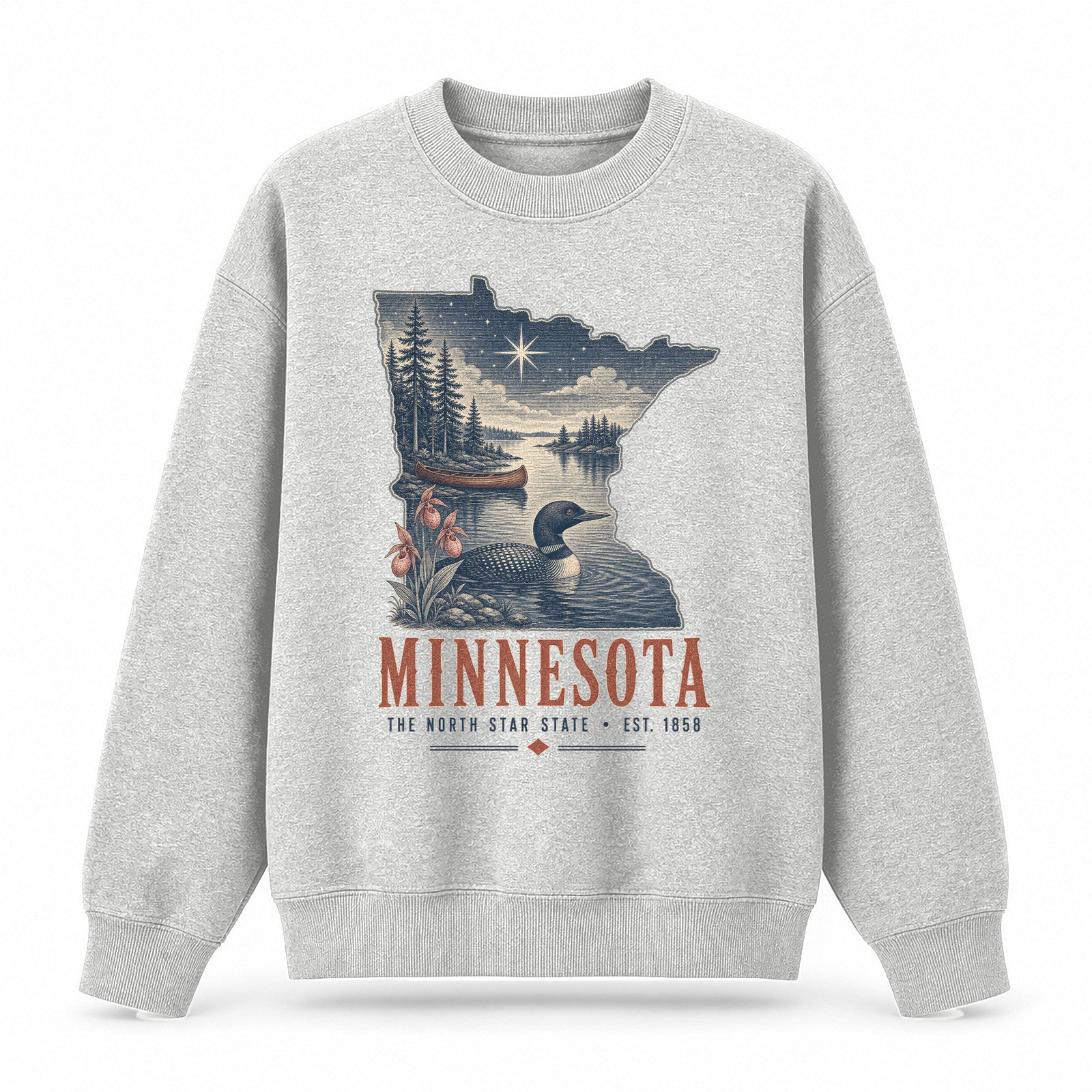 Vintage Minnesota State Graphic Crewneck Sweatshirt in Light Gray, front view on a white background