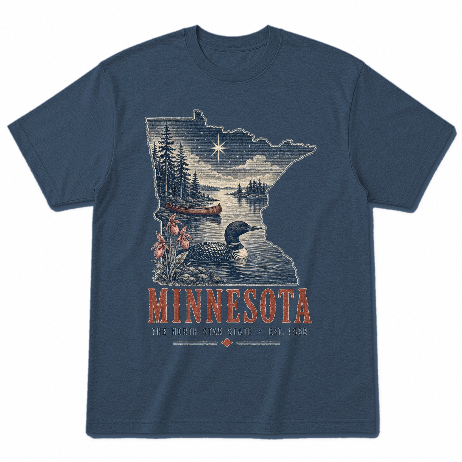 Vintage Minnesota State Graphic T-Shirt in Washed Navy, front view on a white background