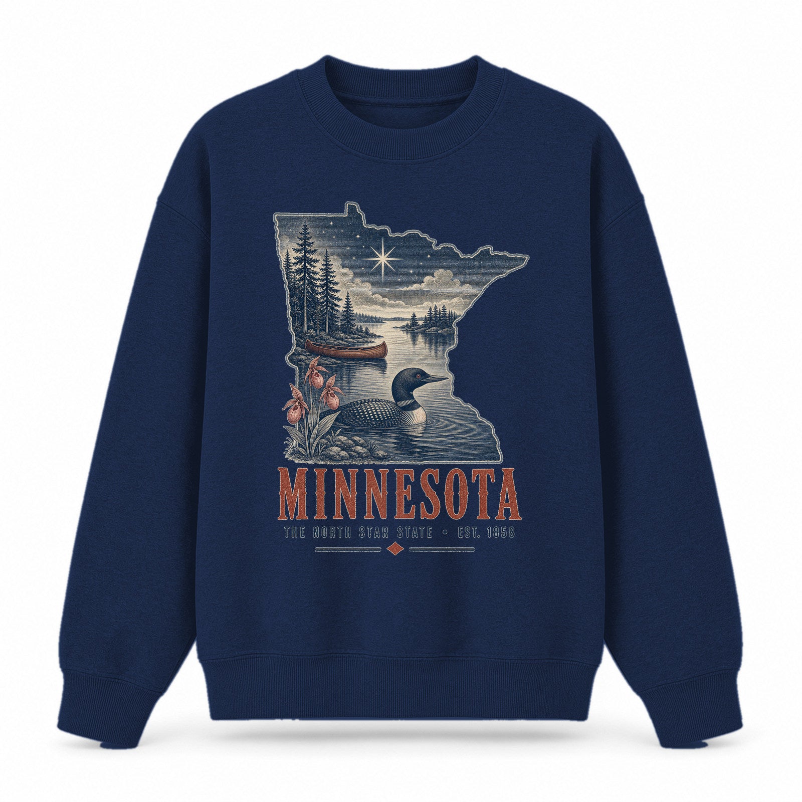 Vintage Minnesota State Graphic Crewneck Sweatshirt in Navy, front view on a white background