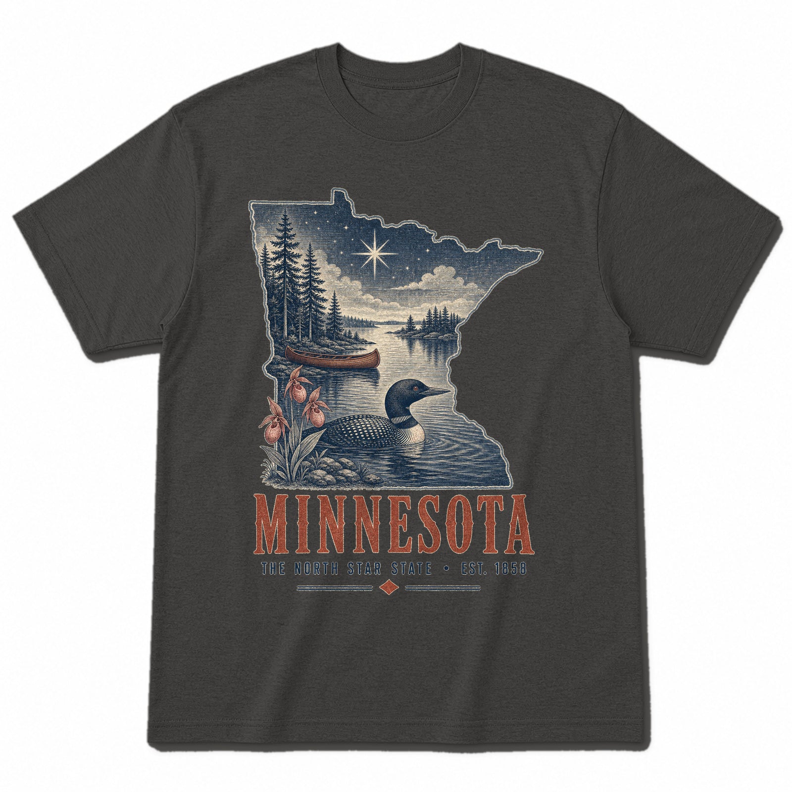 Vintage Minnesota State Graphic T-Shirt in Vintage Charcoal, front view on a white background