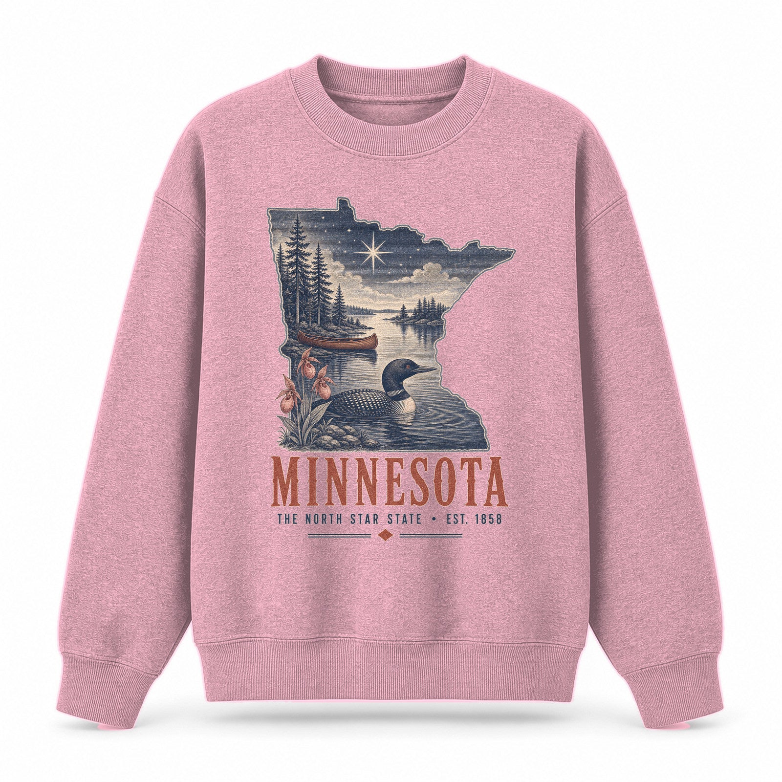 Vintage Minnesota State Graphic Crewneck Sweatshirt in Pink, front view on a white background