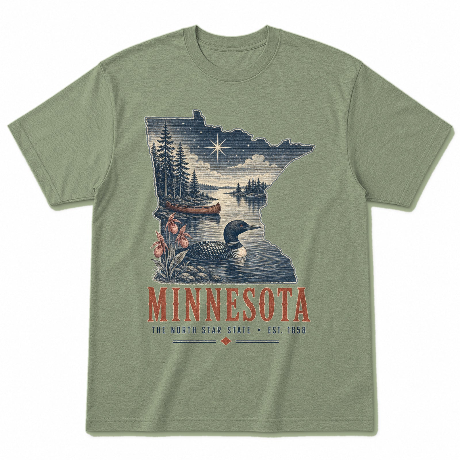 Vintage Minnesota State Graphic T-Shirt in Light Sage Green, front view on a white background
