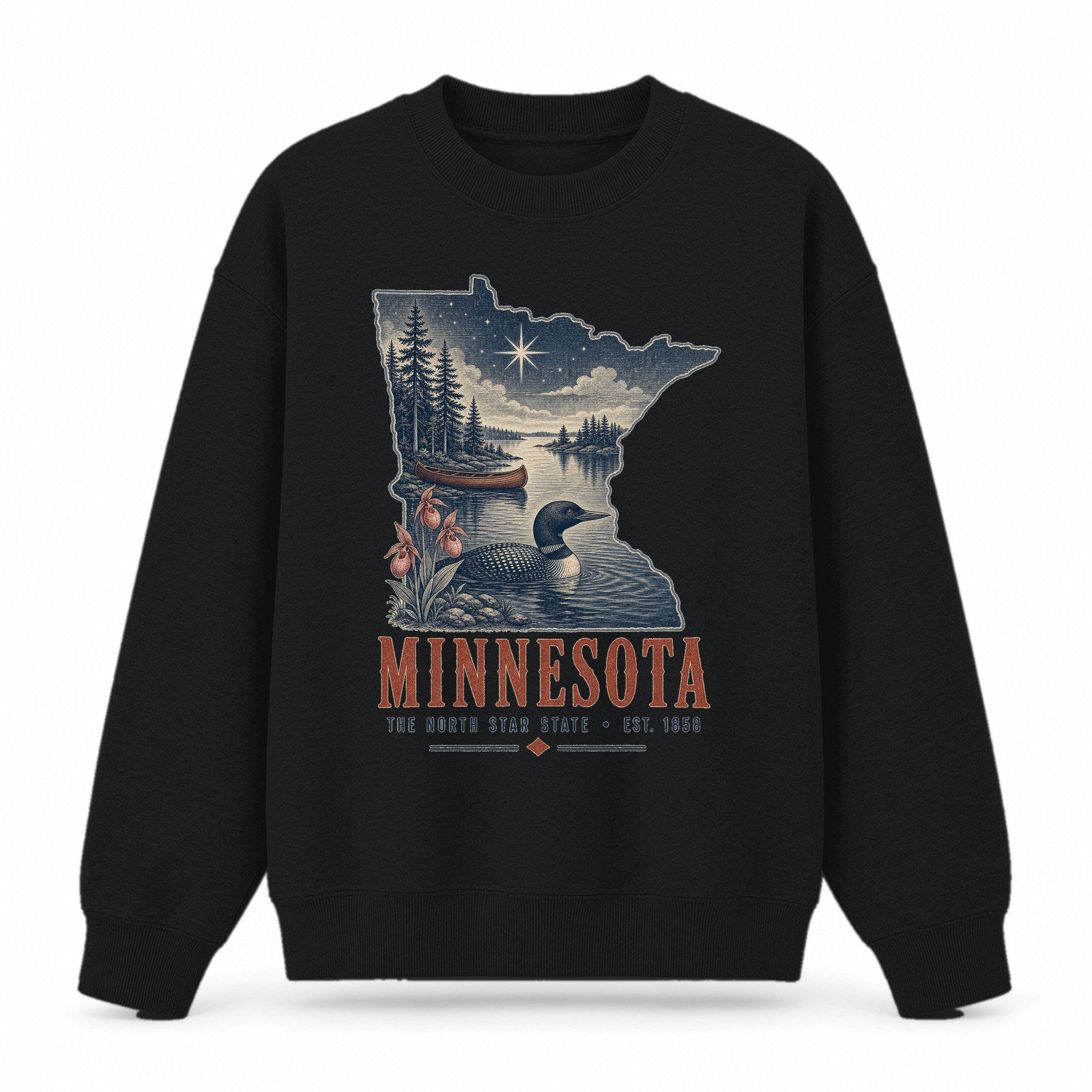 Vintage Minnesota State Graphic Crewneck Sweatshirt in Black, front view on a white background