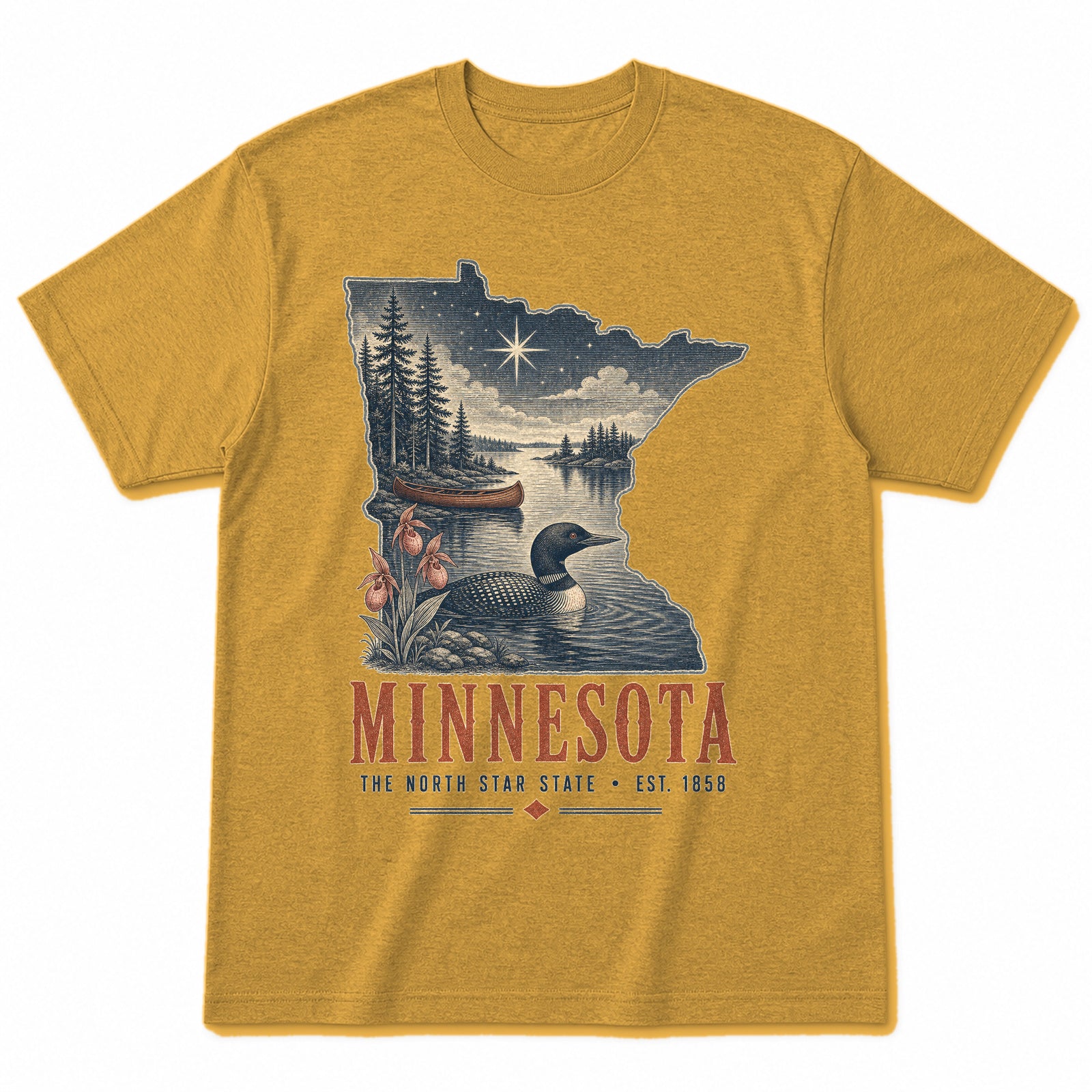 Vintage Minnesota State Graphic T-Shirt in Vintage Mustard Yellow, front view on a white background