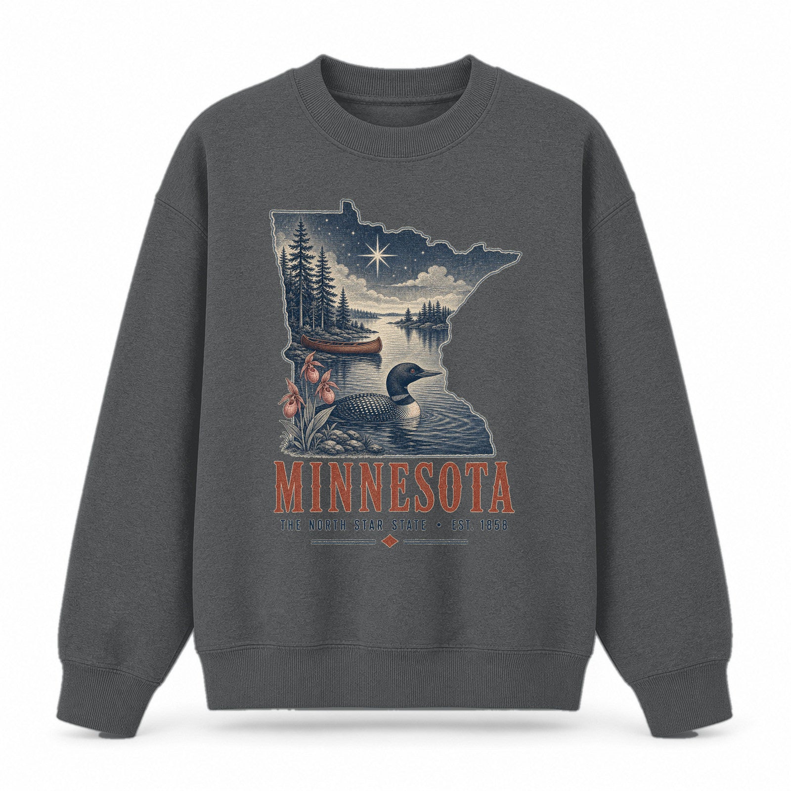 Vintage Minnesota State Graphic Crewneck Sweatshirt in Dark Gray, front view on a white background