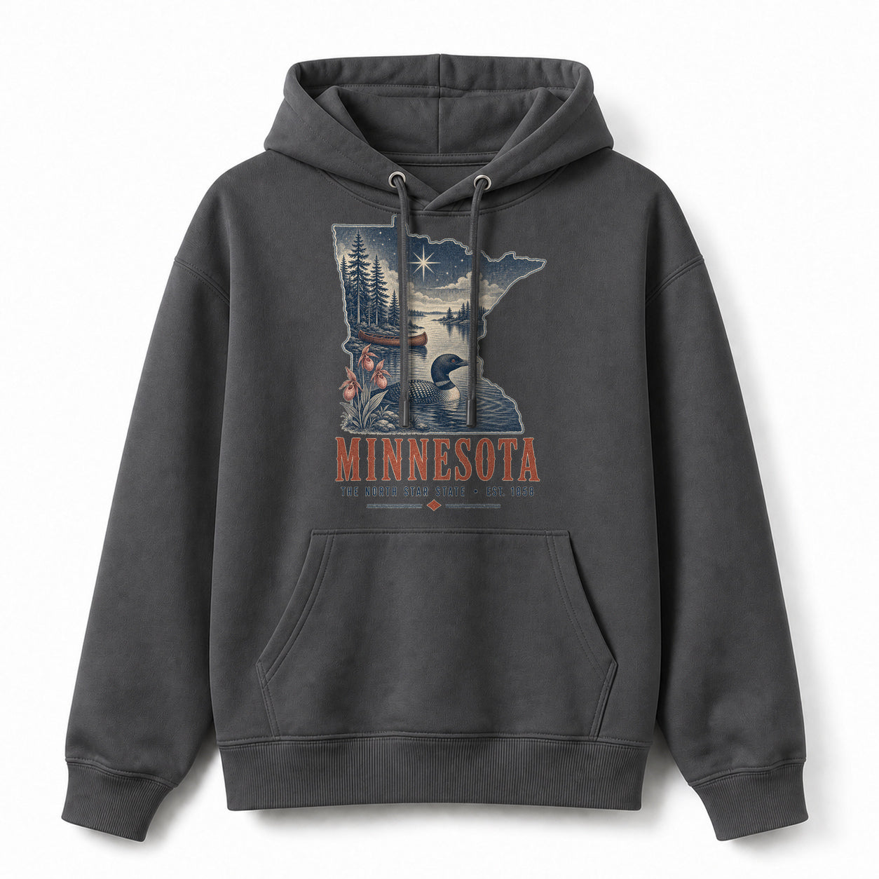 Vintage Minnesota State Graphic Pullover Hoodie in Dark Gray, front view on a white background