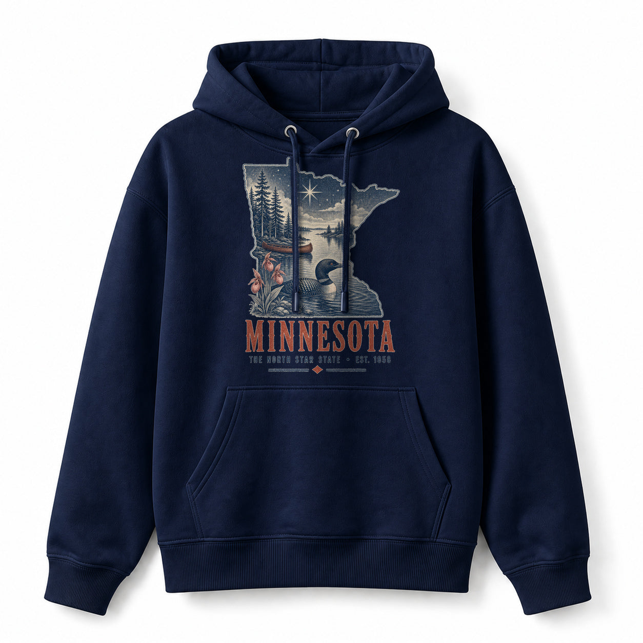 Vintage Minnesota State Graphic Pullover Hoodie in Navy, front view on a white background