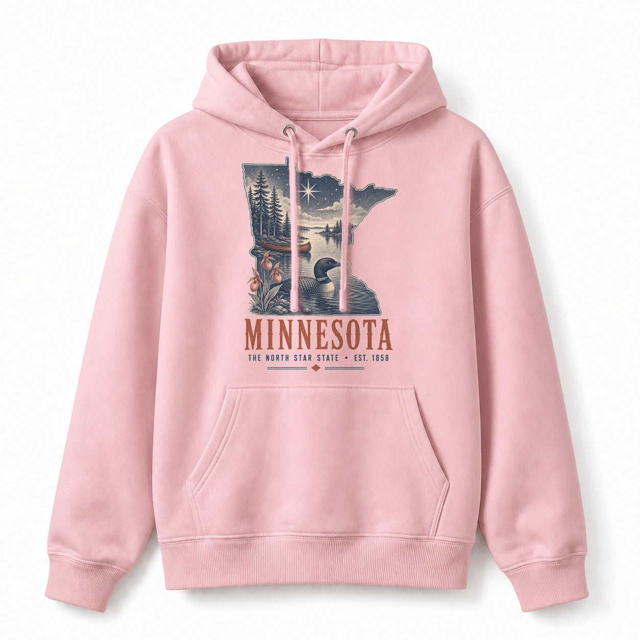 Vintage Minnesota State Graphic Pullover Hoodie in Light Pink, front view on a white background