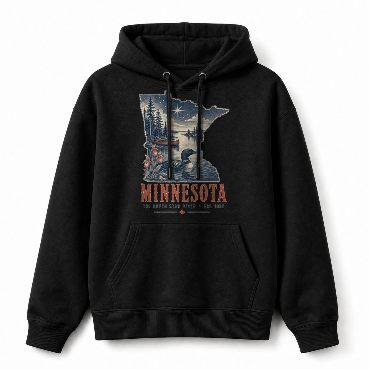 Vintage Minnesota State Graphic Pullover Hoodie in Black, front view on a white background