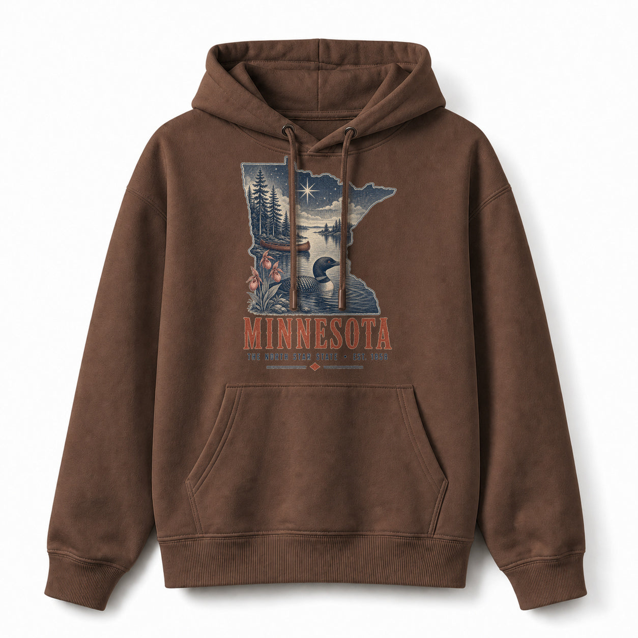 Vintage Minnesota State Graphic Pullover Hoodie in Coffee Brown, front view on a white background