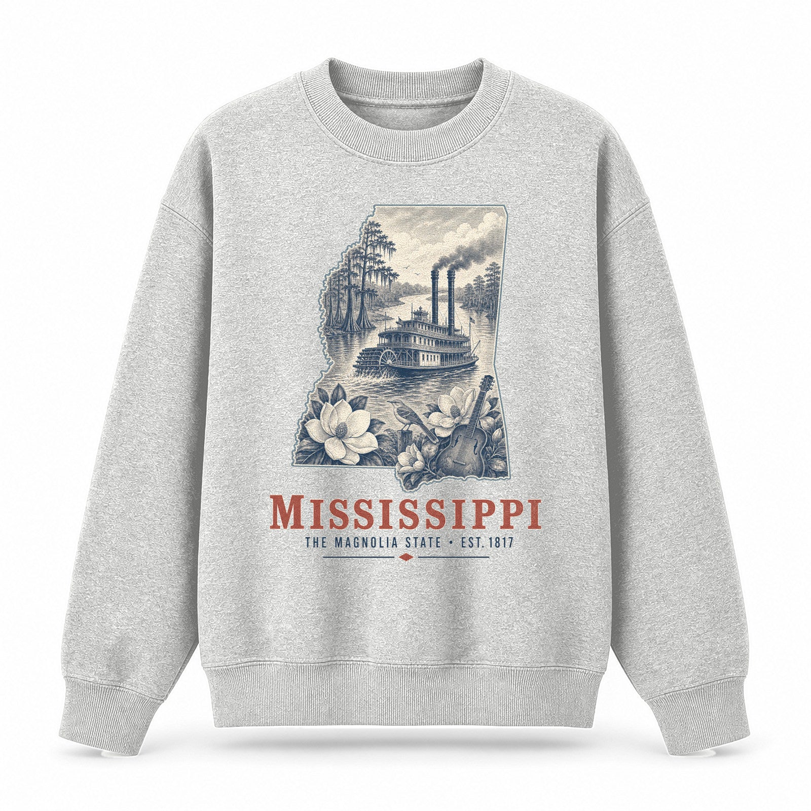 Vintage Mississippi State Graphic Crewneck Sweatshirt in Light Gray, front view on a white background
