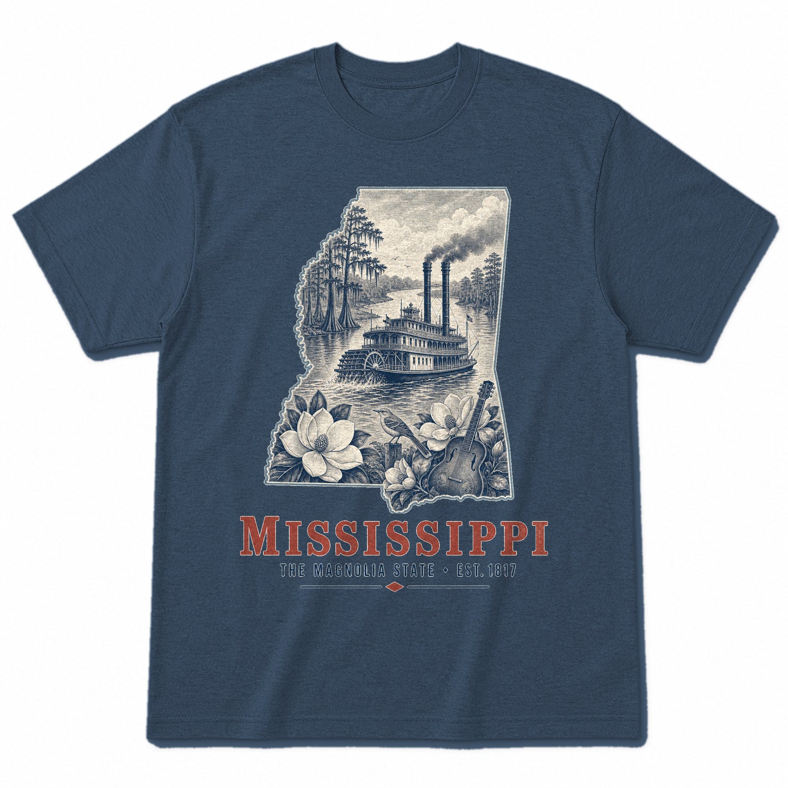 Vintage Mississippi State Graphic T-Shirt in Washed Navy, front view on a white background
