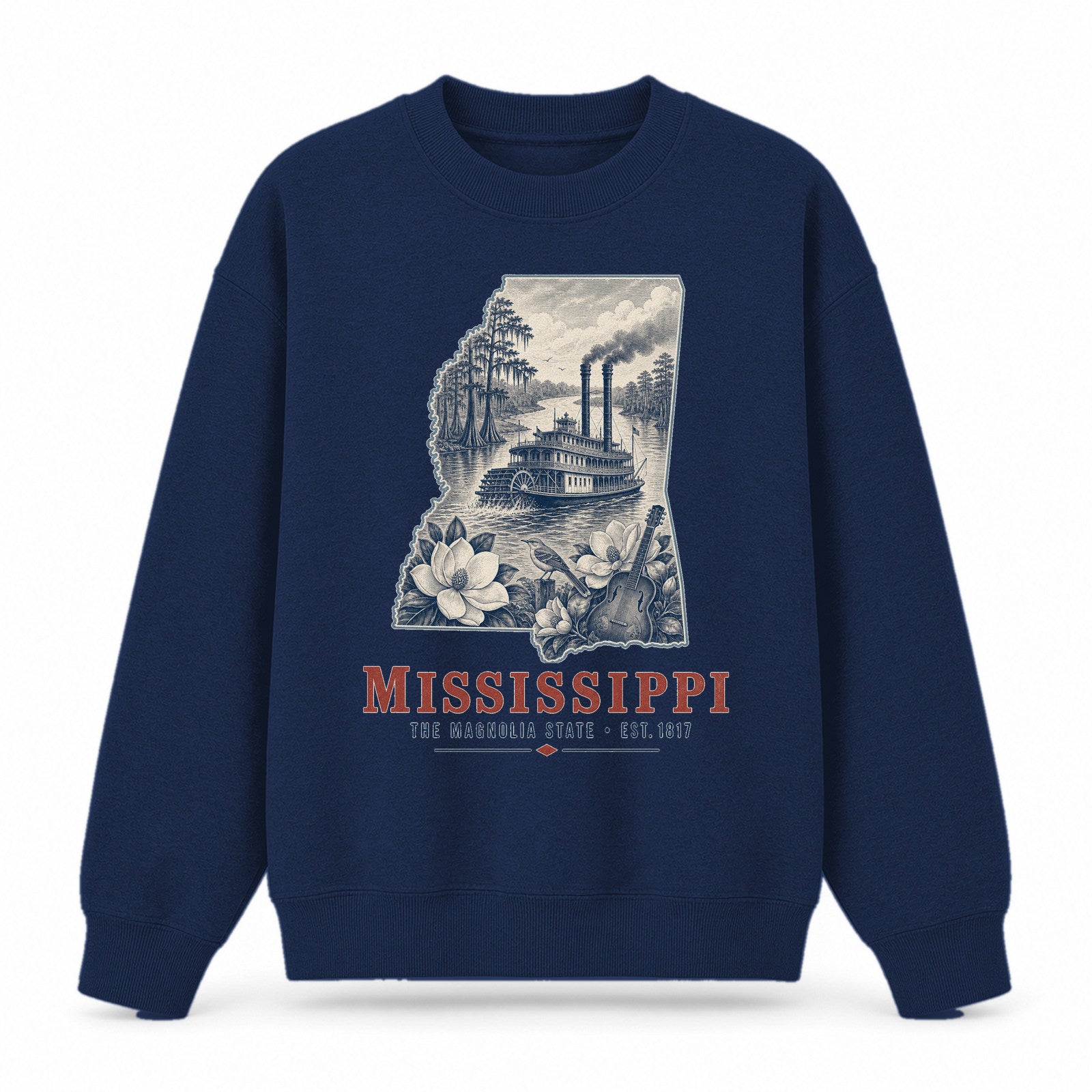 Vintage Mississippi State Graphic Crewneck Sweatshirt in Navy, front view on a white background