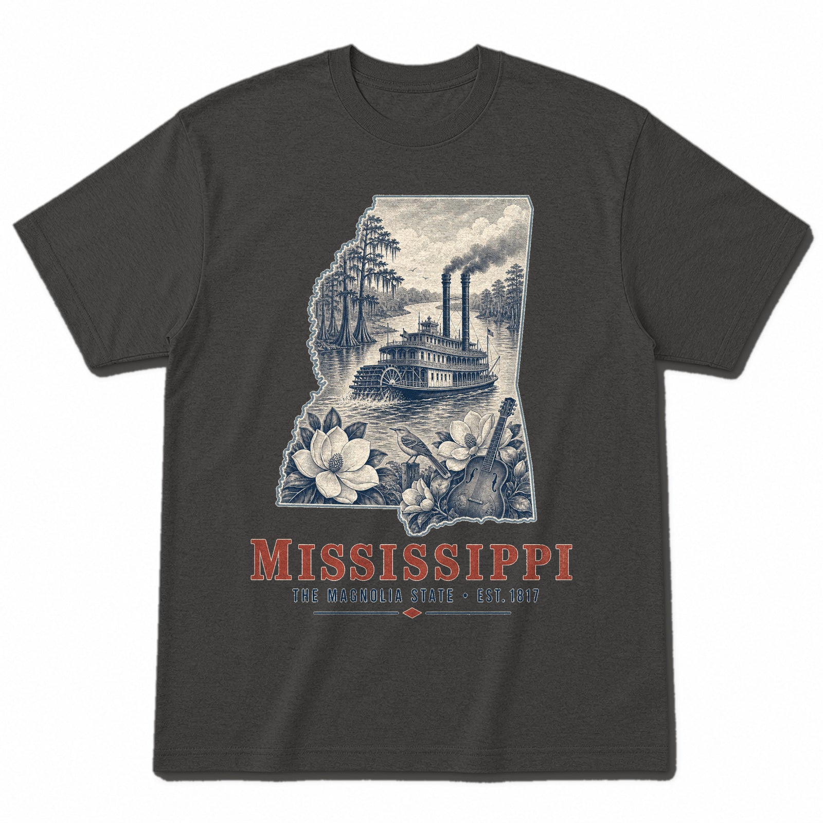 Vintage Mississippi State Graphic T-Shirt in Vintage Charcoal, front view on a white background