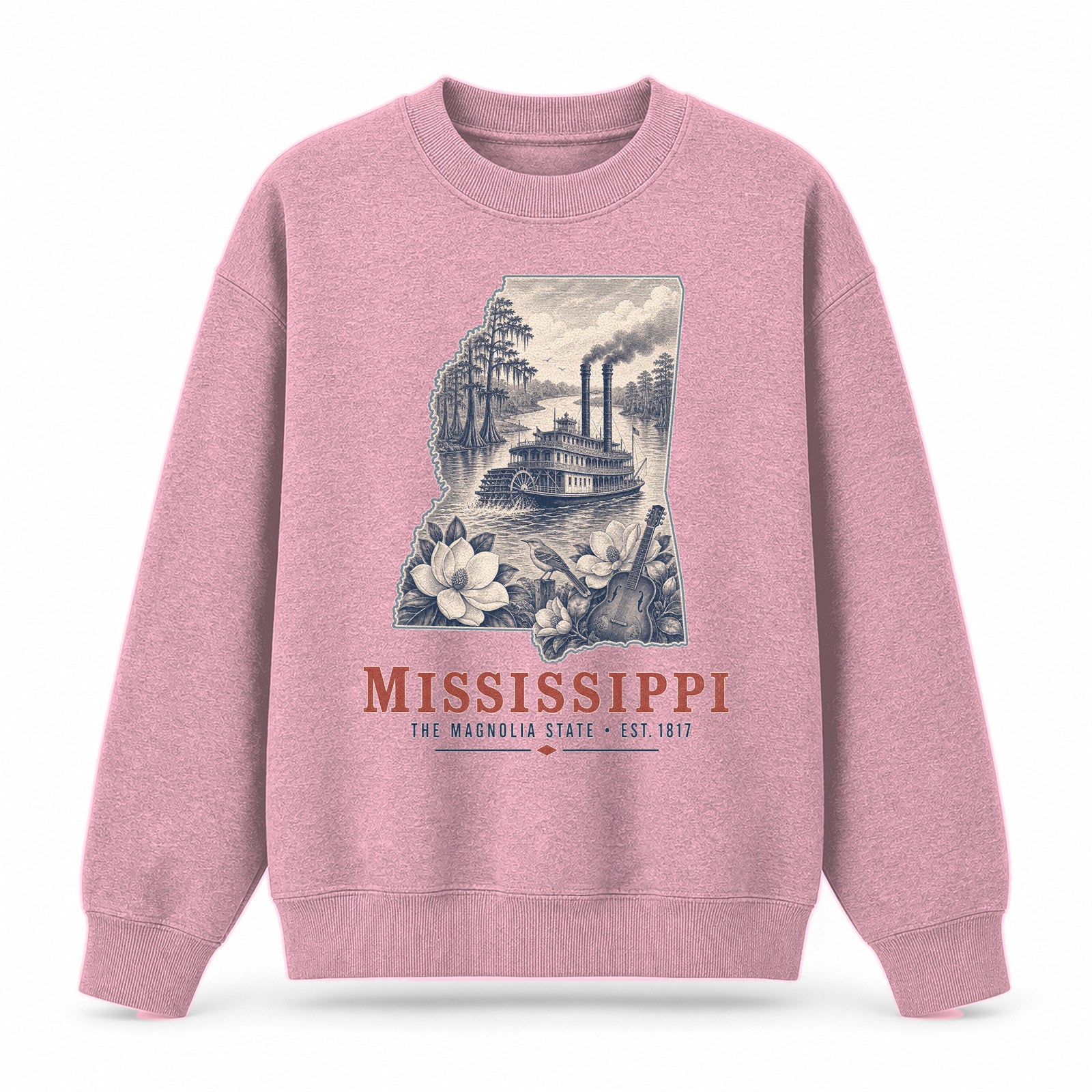 Vintage Mississippi State Graphic Crewneck Sweatshirt in Pink, front view on a white background