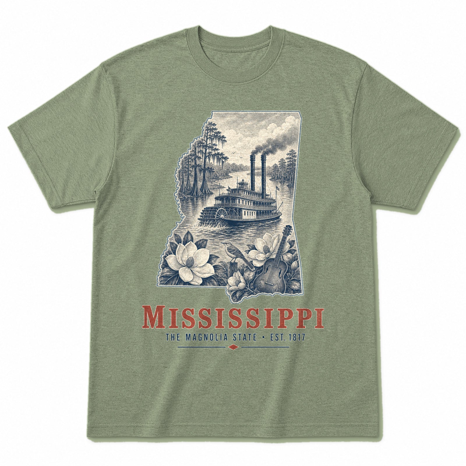 Vintage Mississippi State Graphic T-Shirt in Light Sage Green, front view on a white background